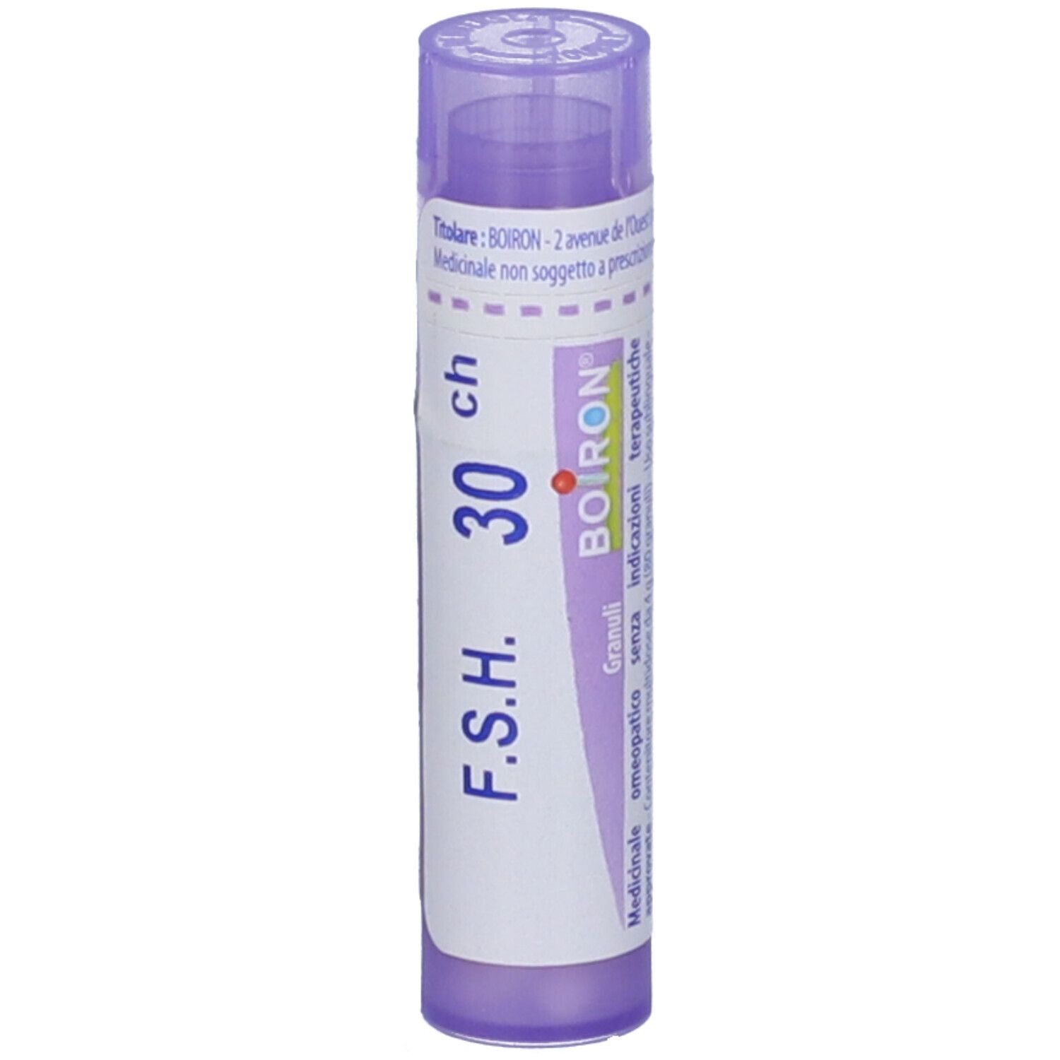 Confezione cilindrica viola con 'F.S.H. 30 ch' e logo Boiron. Orientamento verticale.