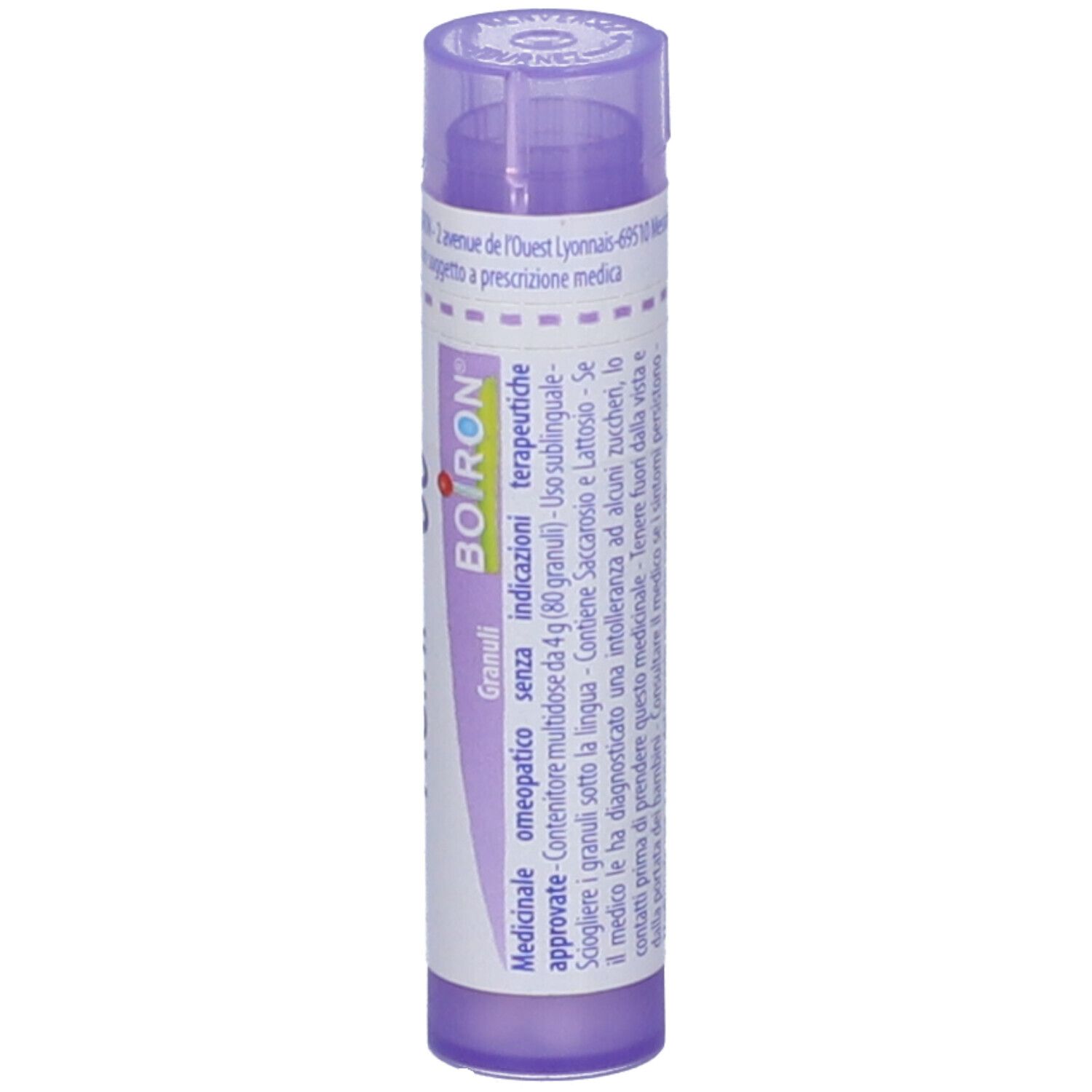 Confezione cilindrica viola, con testo e logo Boiron. Orientamento verticale.