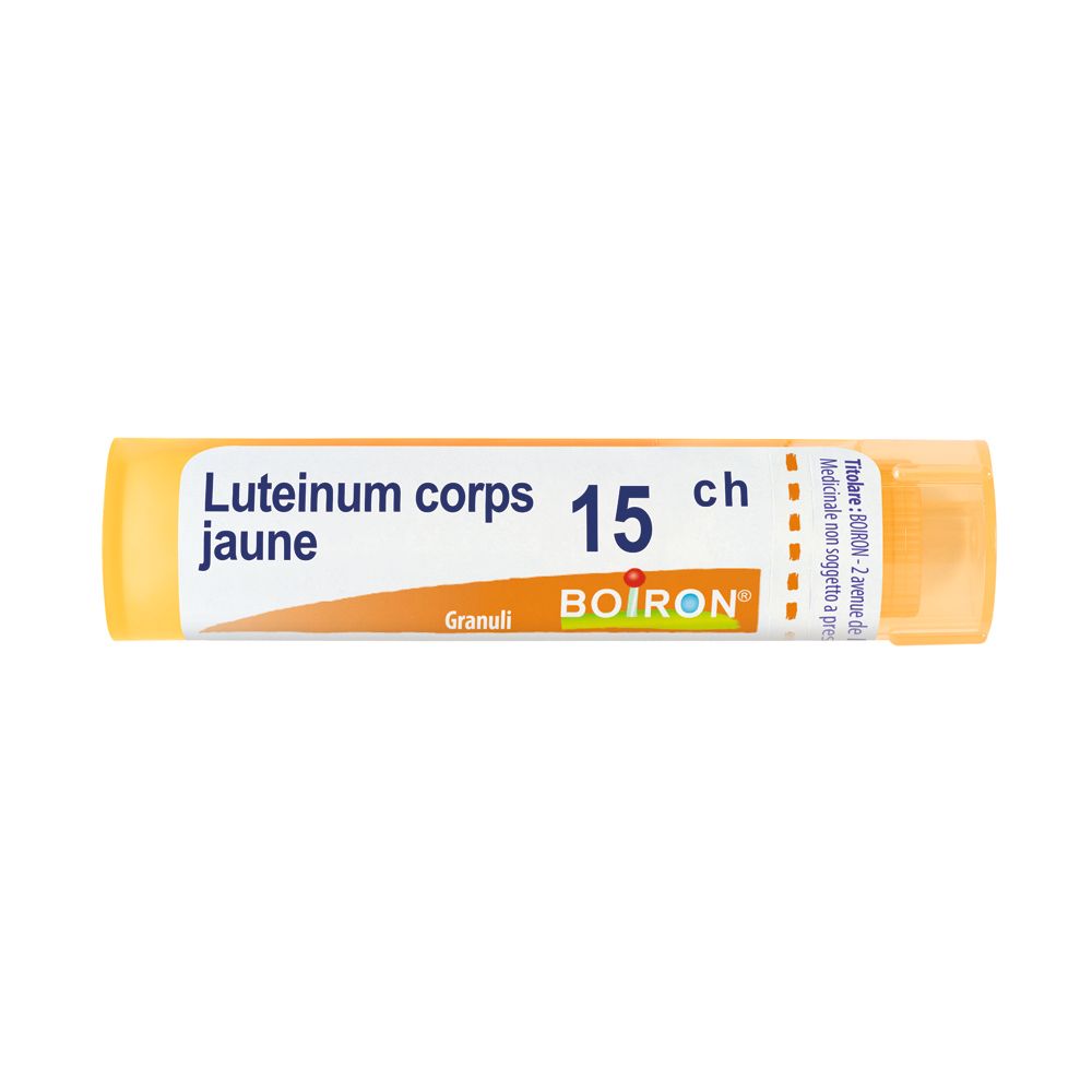 Tubo giallo con granuli. Scritta: Luteinum corps jaune 15 ch, BOIRON. Granuli.