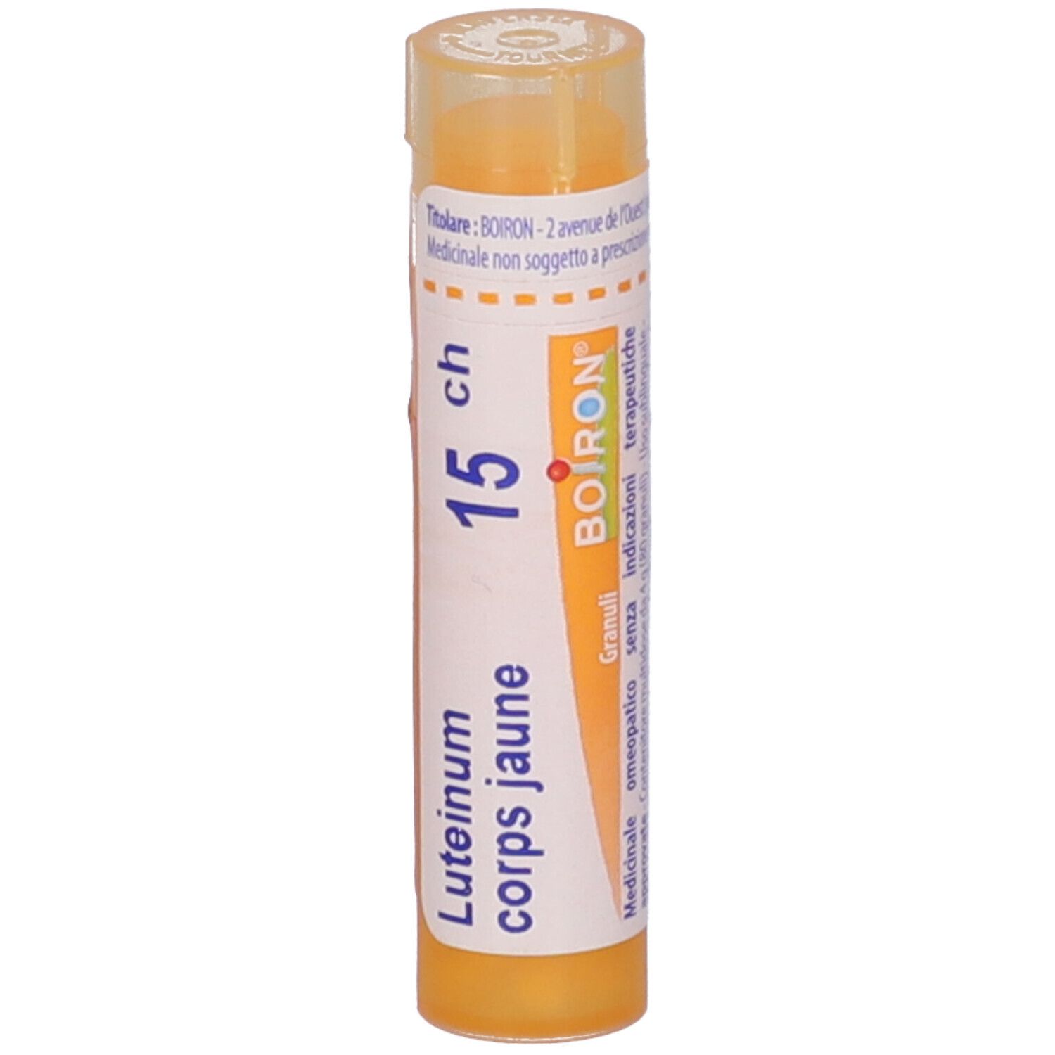 Tubo giallo con granuli. Scritta: Luteinum corps jaune 15 ch, BOIRON. Granuli. Coperchio.