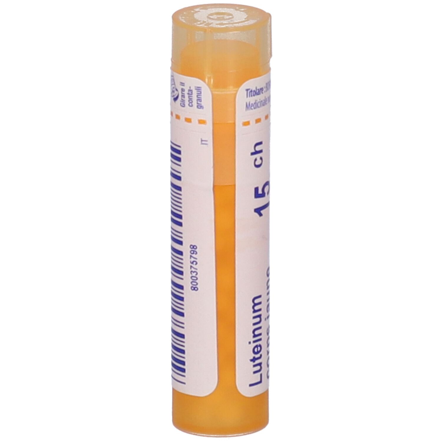 Tubo giallo con granuli. Scritta: Luteinum 15 ch. Etichetta con codice a barre e IT.