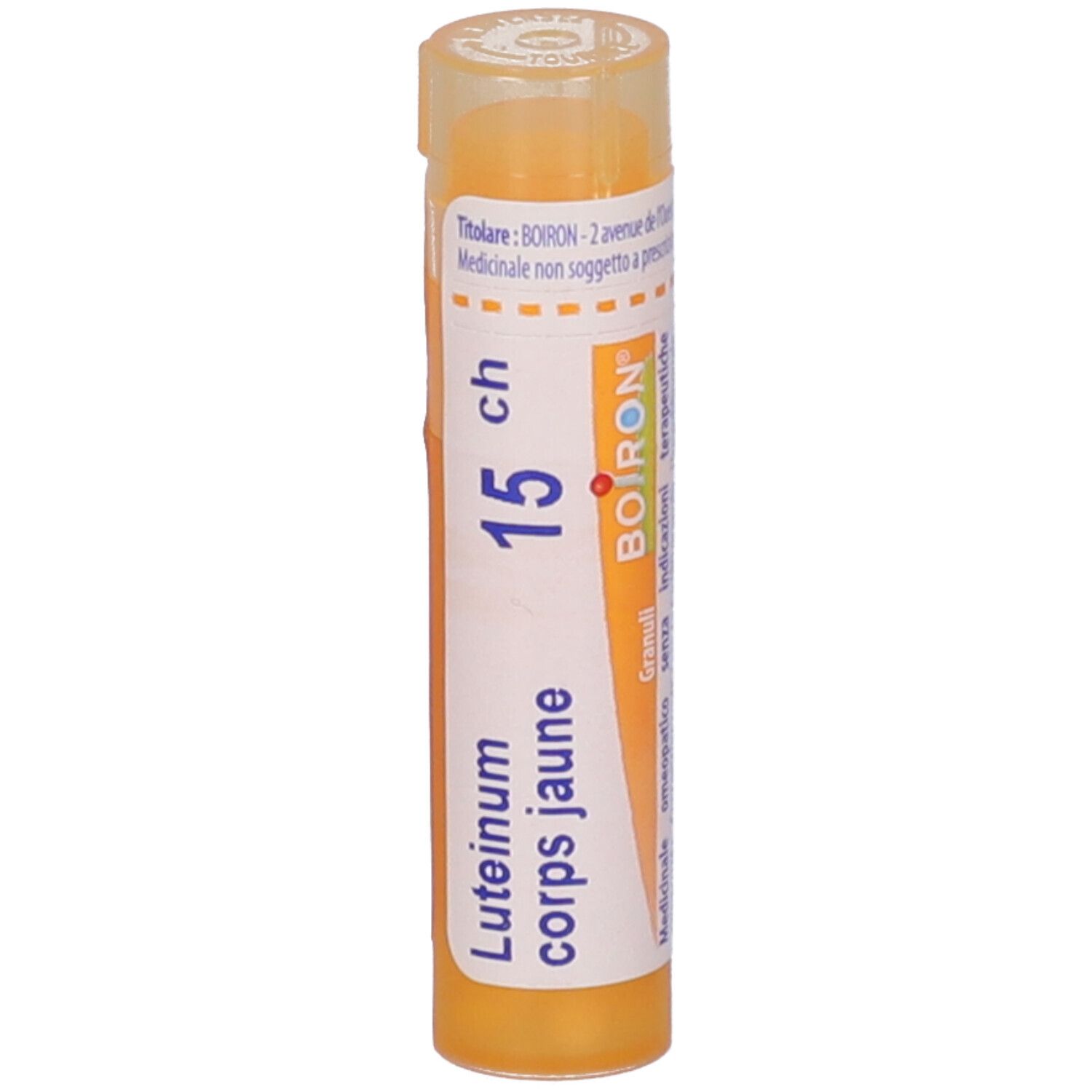 Tubo giallo con granuli. Scritta: Luteinum corps jaune 15 ch, BOIRON. Granuli.