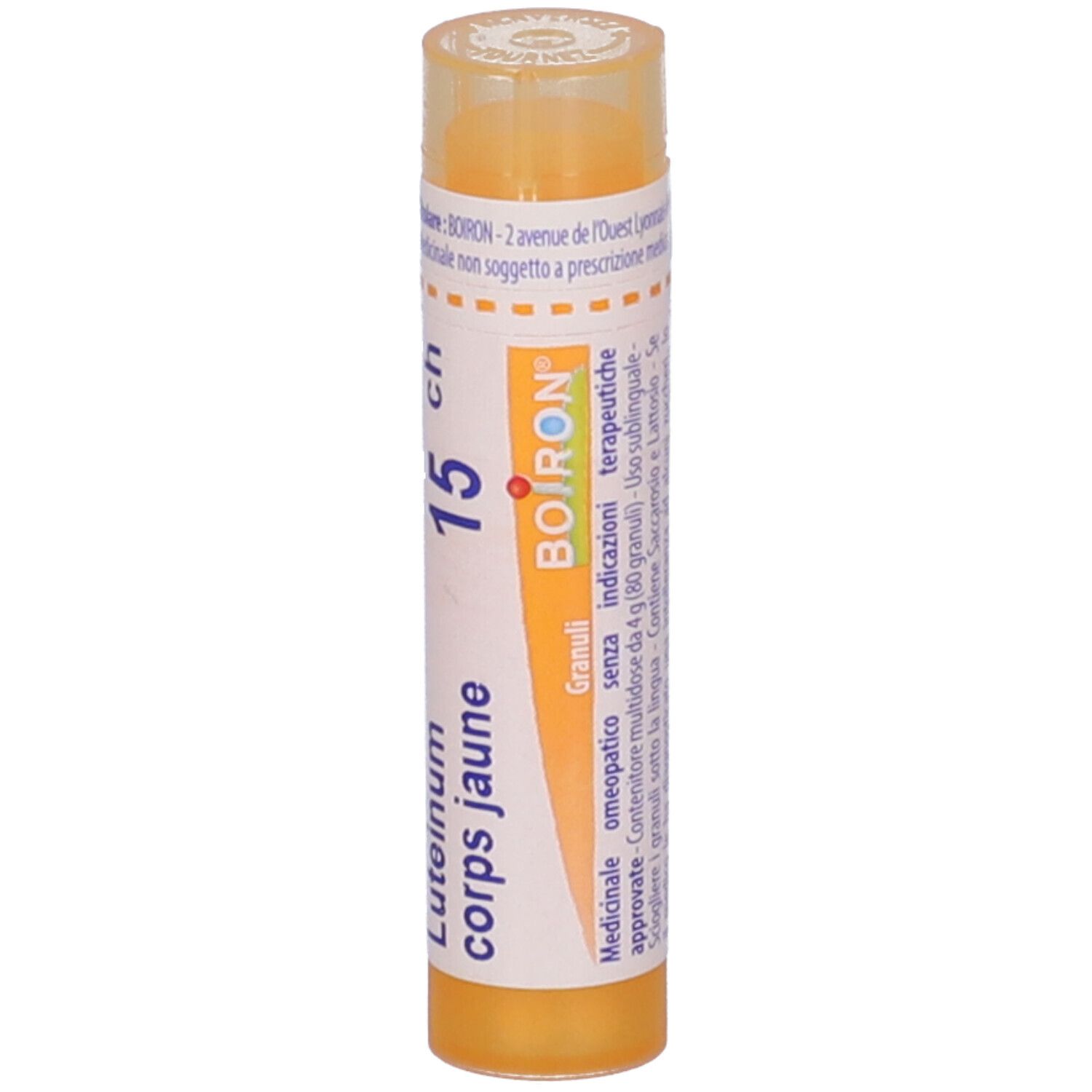 Tubo giallo con granuli. Scritta: Luteinum corps jaune 15 ch, BOIRON. Granuli.