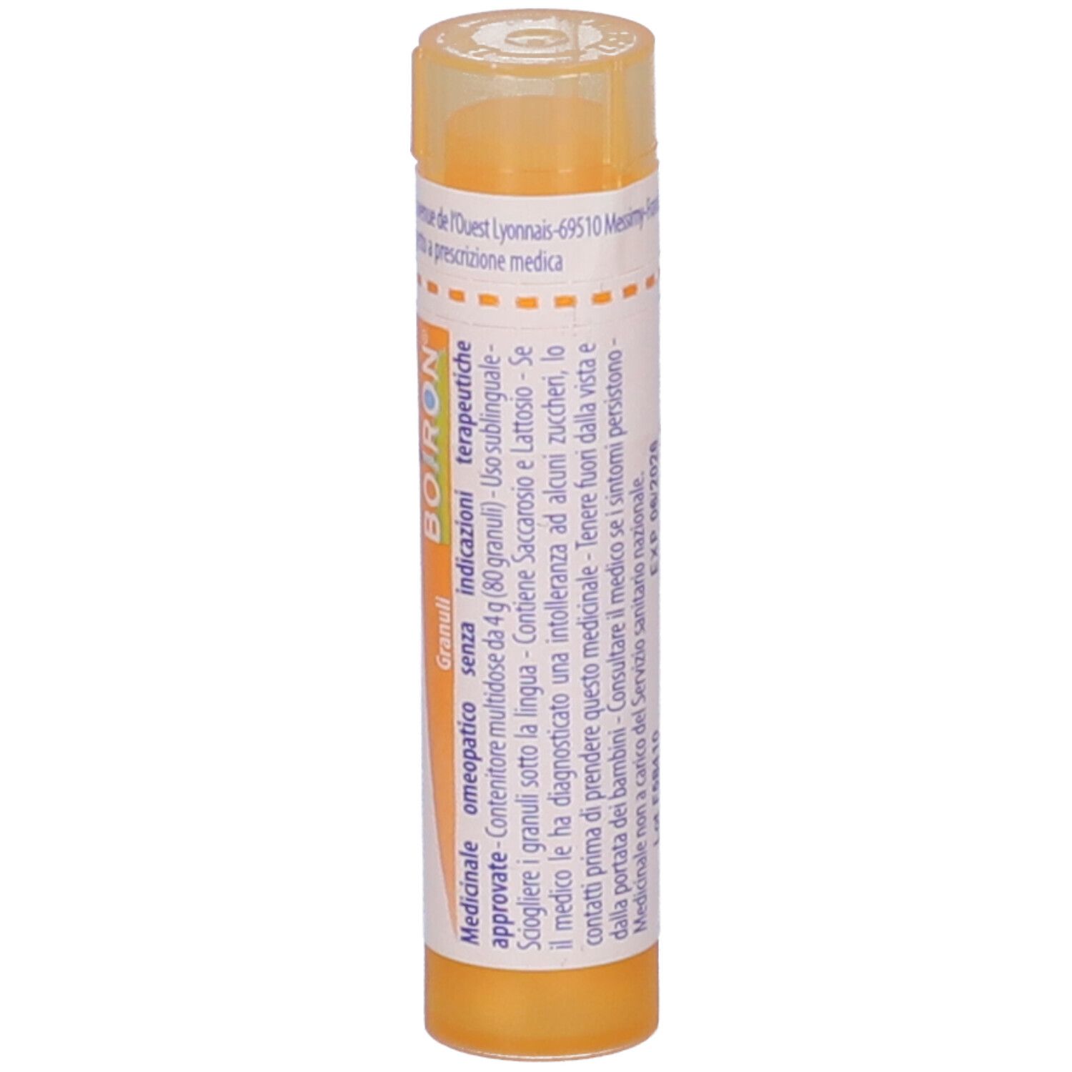 Tubo giallo con granuli. Scritta: Luteinum corps jaune 15 ch, BOIRON. Granuli.