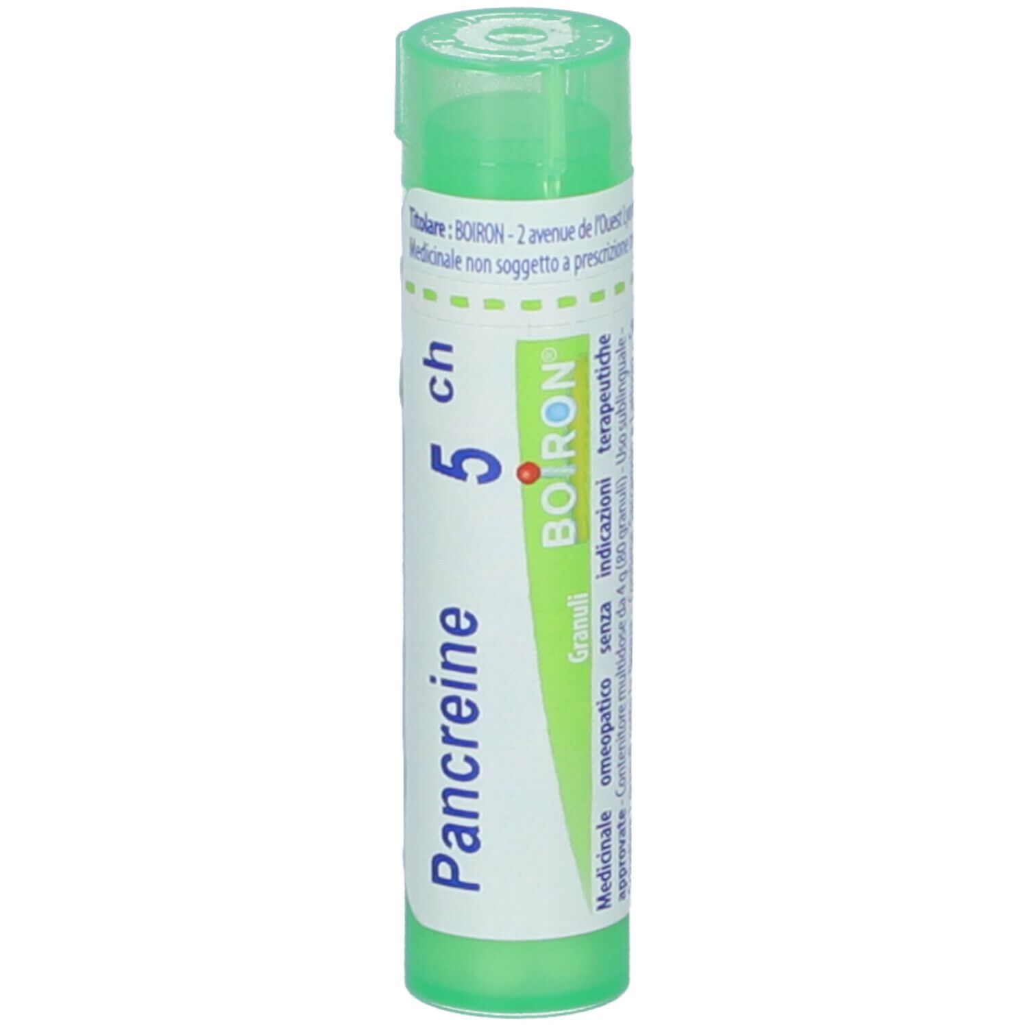 Confezione cilindrica verde con etichetta bianca. Scritta: Pancreine 5 ch, Boiron. Granuli. Omeopatico.