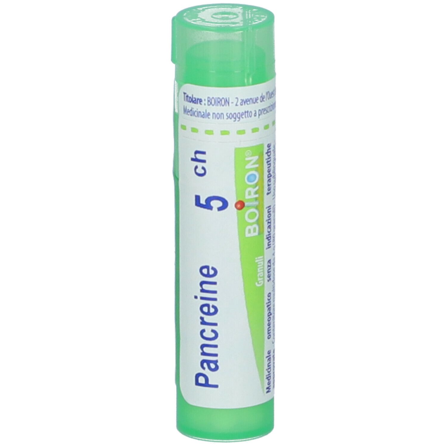 Confezione cilindrica verde con etichetta bianca. Scritta: Pancreine 5 ch, Boiron. Granuli. Omeopatico.