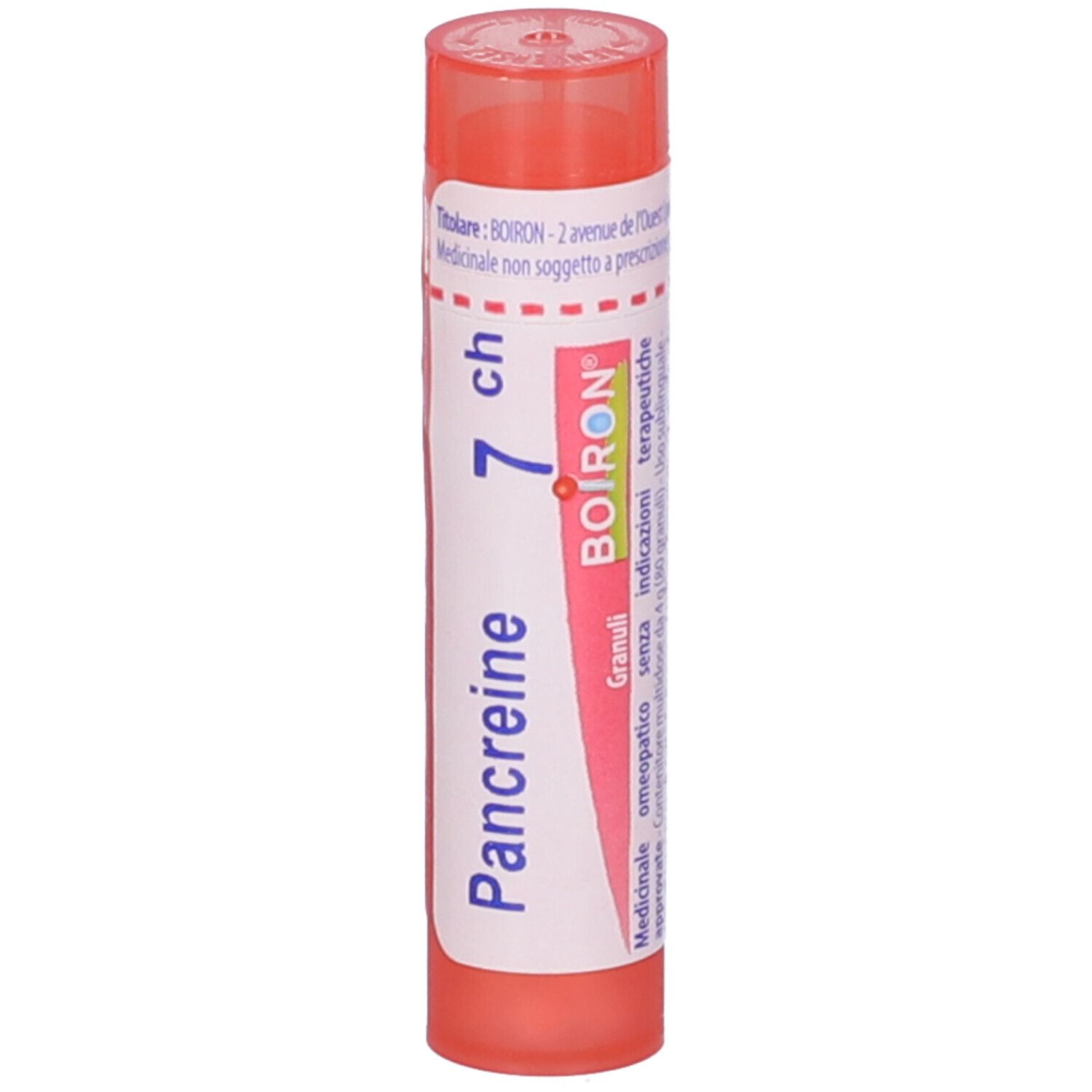 Confezione cilindrica con "Pancreine 7 ch" e logo "Boiron". Scritte rosa e bianche.