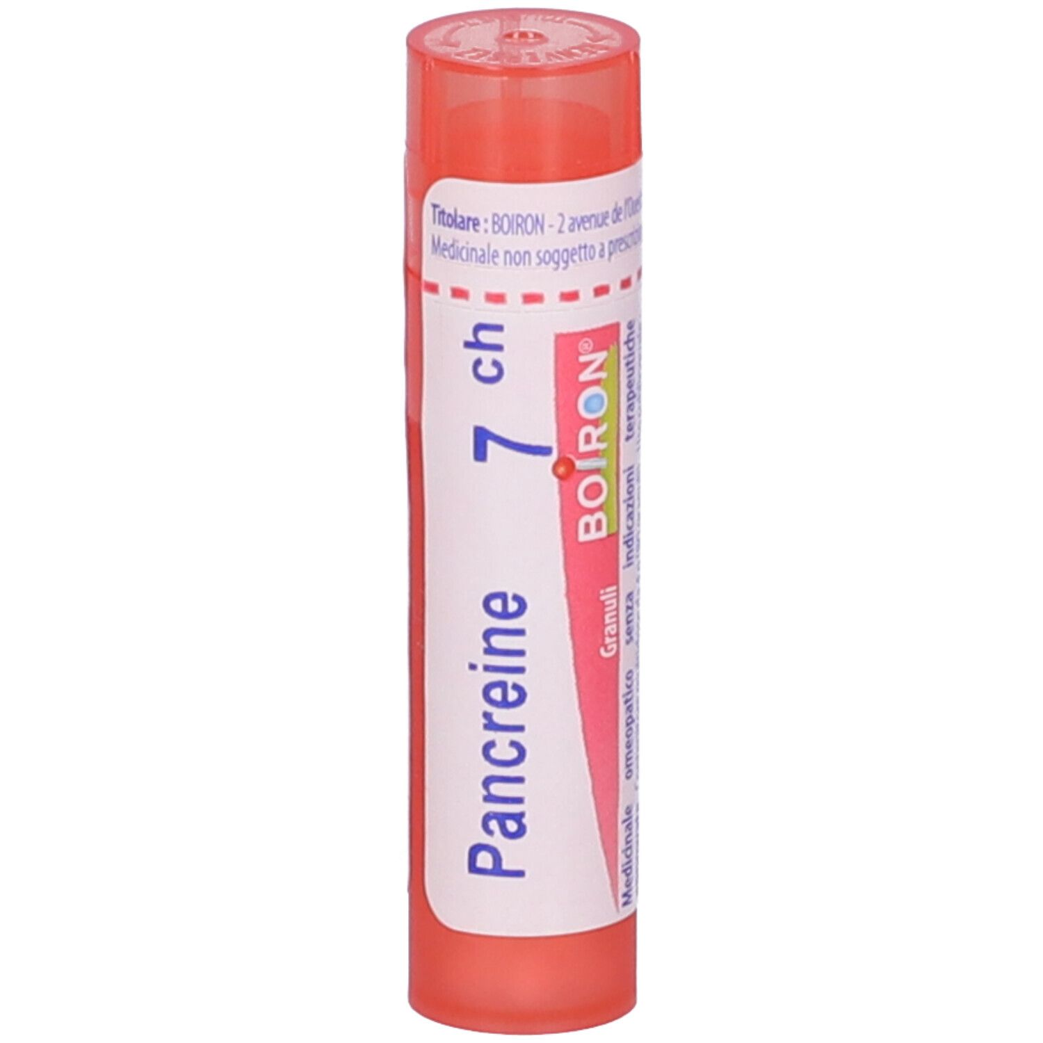 Confezione cilindrica con "Pancreine 7 ch" e logo "Boiron". Scritte rosa e bianche.