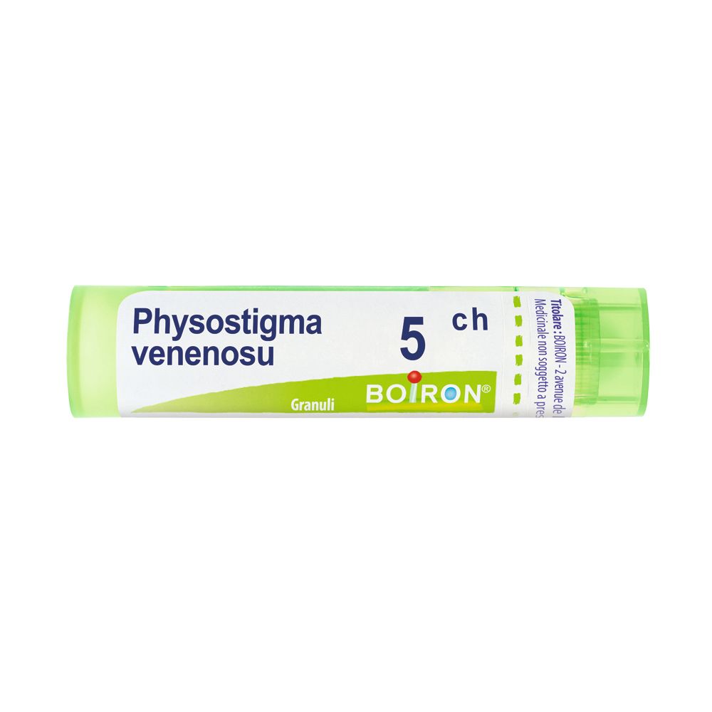 Confezione cilindrica con scritta "Physostigma venenosu 5 ch Granuli" e logo Boiron.