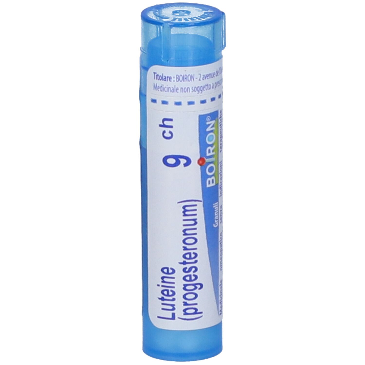Tubo blu con "Luteine (progesteronum) 9 ch". Marchio BOIRON. Granuli.