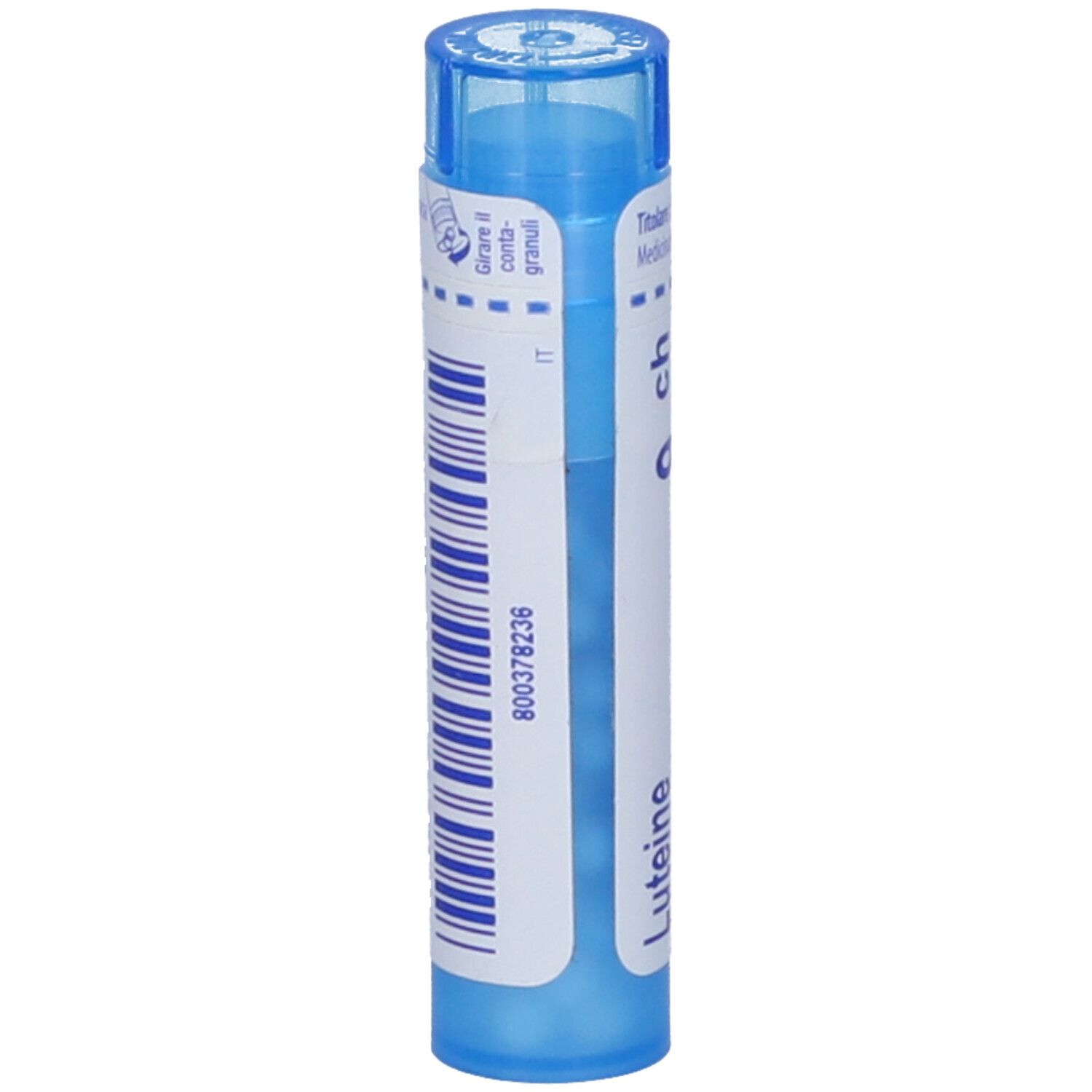 Tubo blu con codice a barre e "Luteine". Marchio BOIRON. Granuli.