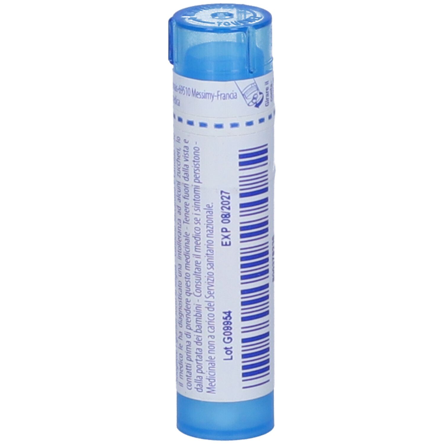 Tubo blu con "EXP 08/2027" e numero di lotto. Marchio BOIRON. Granuli.