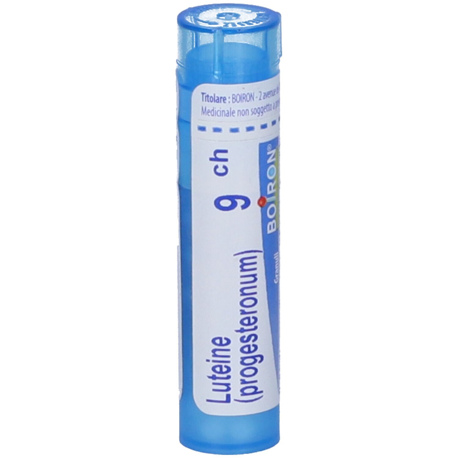 Tubo blu con "Luteine (progesteronum) 9 ch". Marchio BOIRON. Granuli.