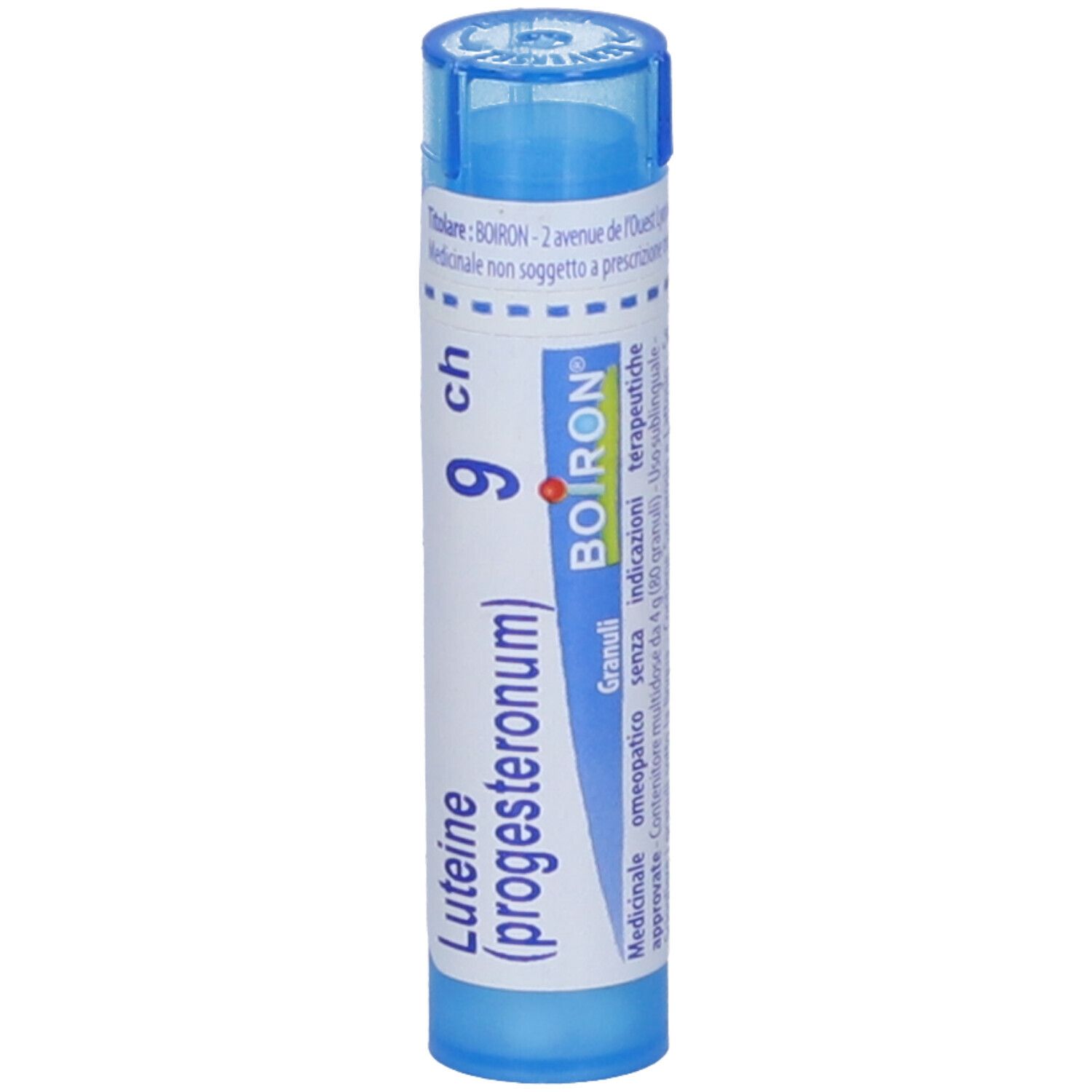 Tubo blu con "Luteine (progesteronum) 9 ch". Marchio BOIRON. Granuli.