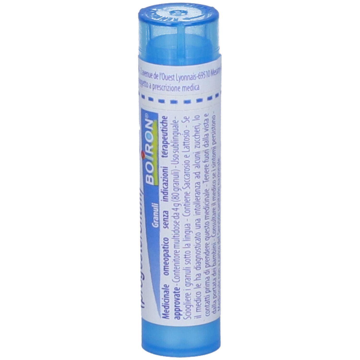 Tubo blu con "Luteine (progesteronum) 9 ch". Marchio BOIRON. Granuli.
