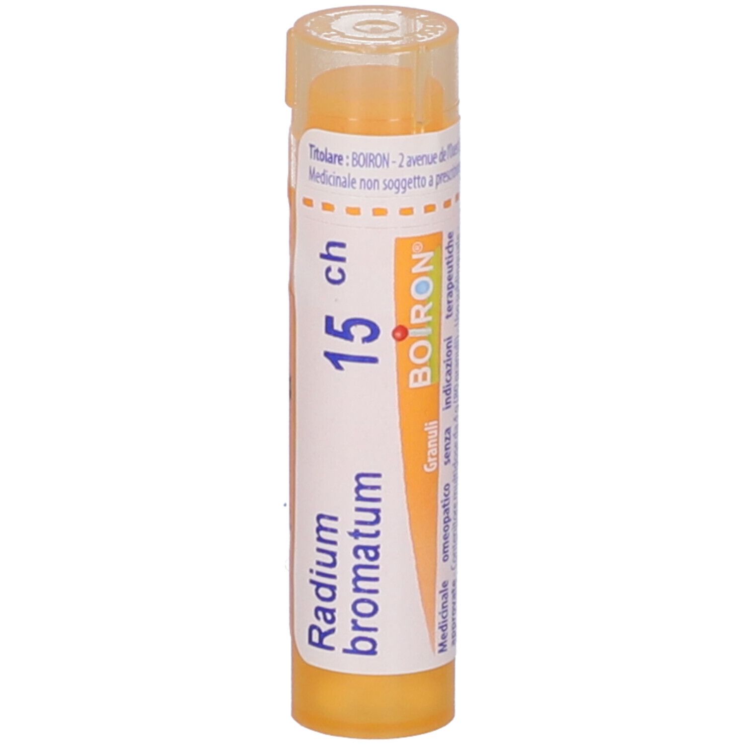 Tubo giallo verticale. Testo: Radium bromatum, 15 ch, BOIRON. Granuli.