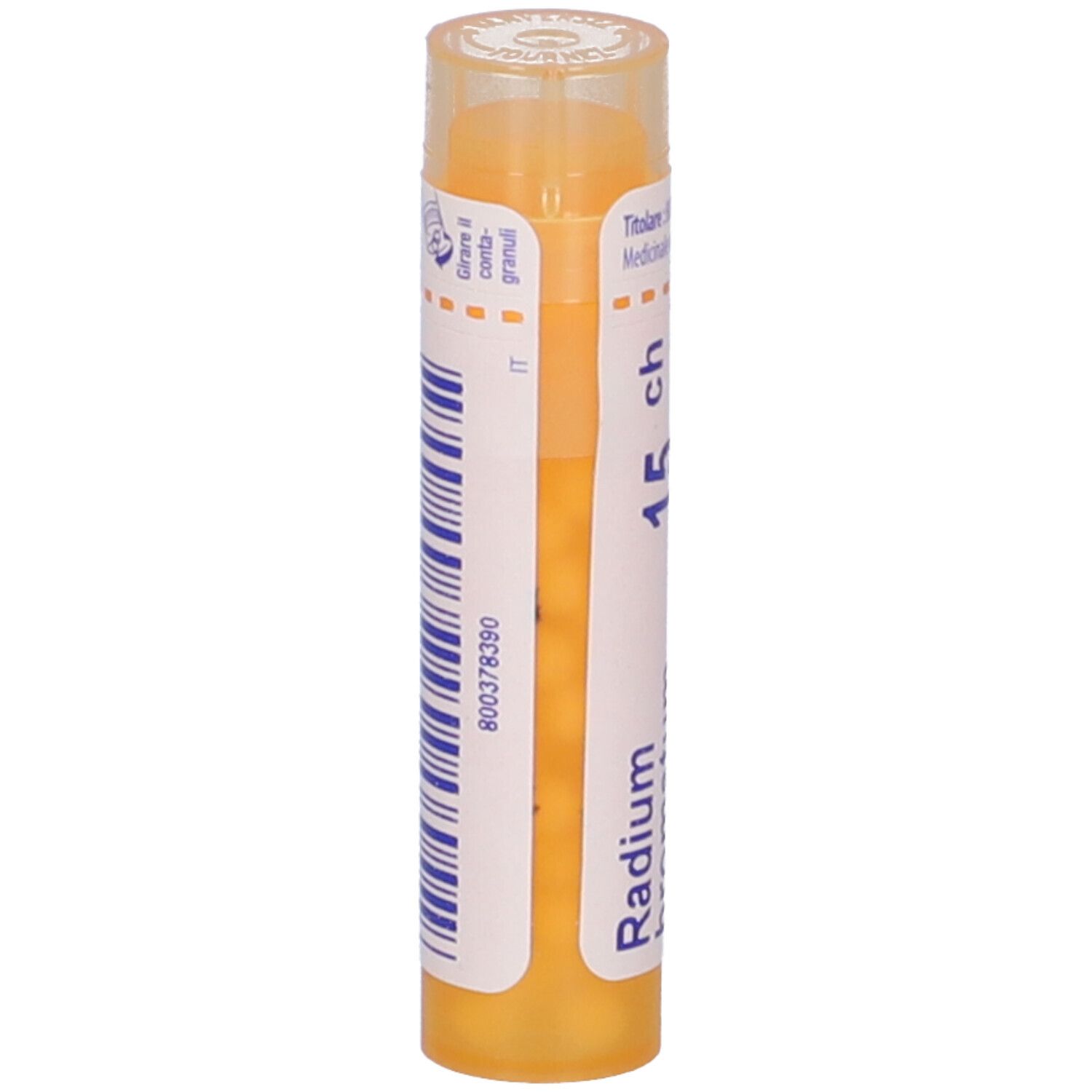 Tubo giallo verticale. Adesivo con codice a barre e testo. Radium bromatum, 15 ch.