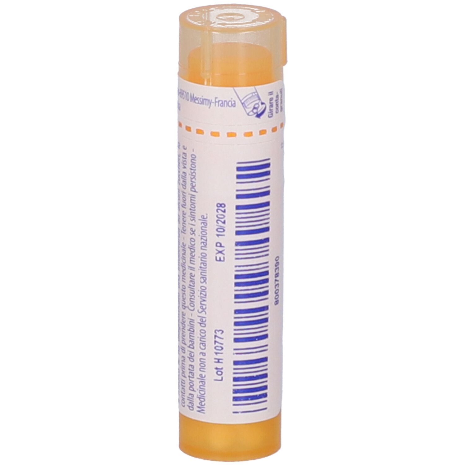 Tubo giallo verticale. Retro con testo e scadenza: EXP 10/2028.