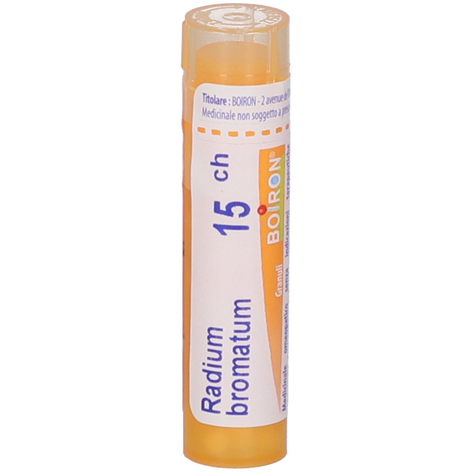 Tubo giallo verticale. Testo: Radium bromatum, 15 ch, BOIRON. Granuli.