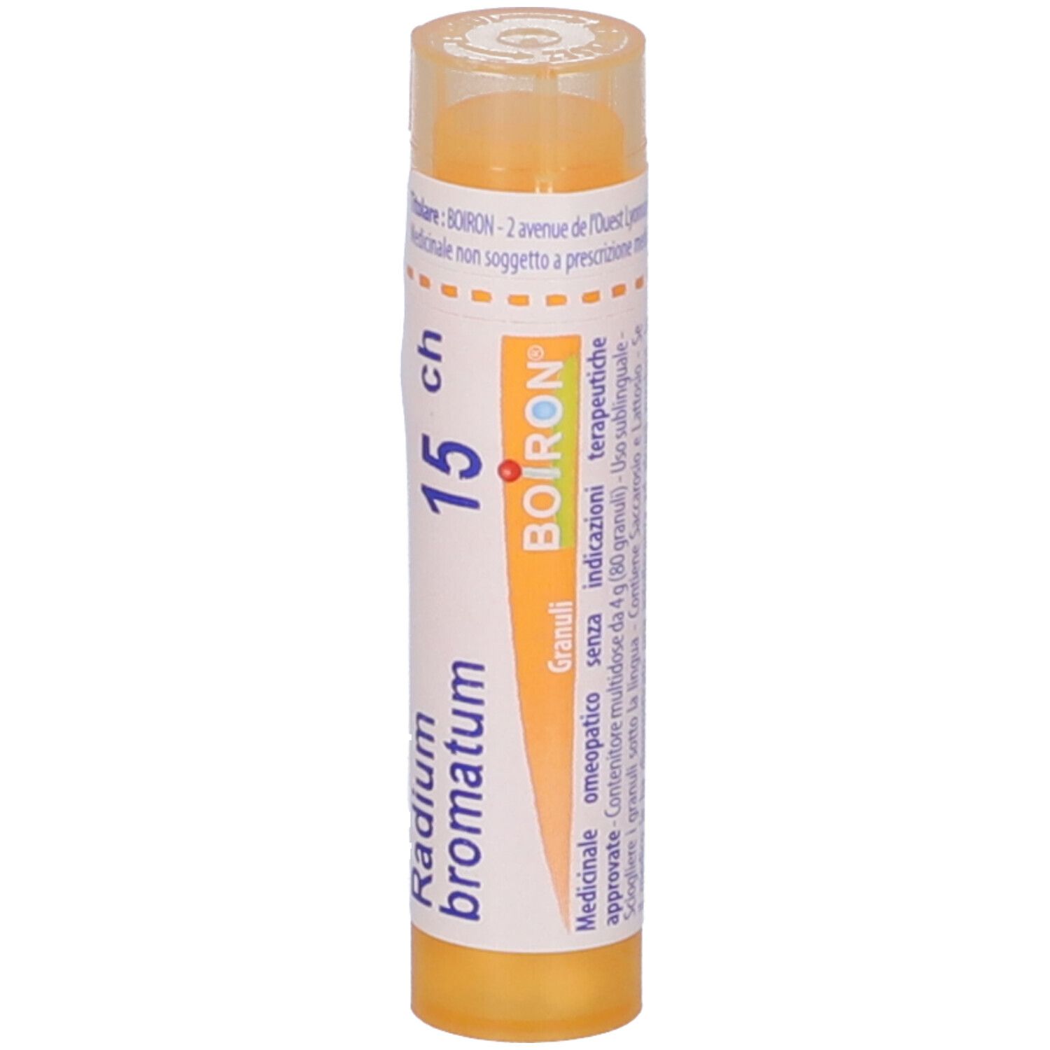 Tubo giallo verticale. Testo: Radium bromatum, 15 ch, BOIRON. Granuli.