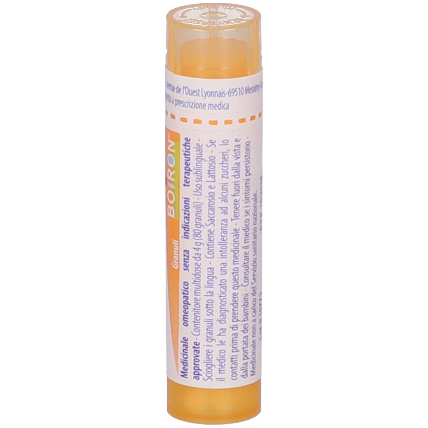 Tubo giallo verticale. Testo: Radium bromatum, 15 ch, BOIRON. Granuli.