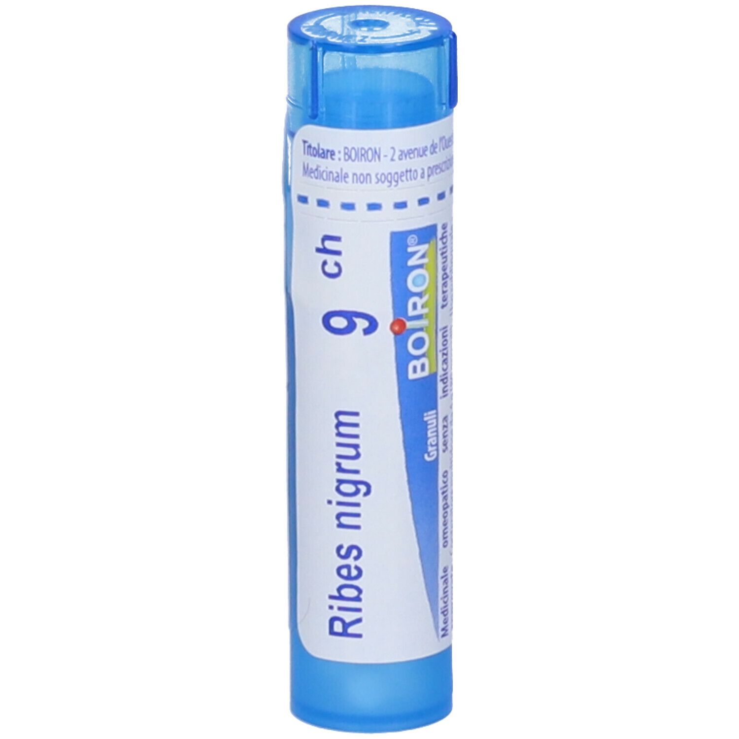 Tubo blu con scritta Ribes nigrum 9 ch, Boiron. Prodotto medico.