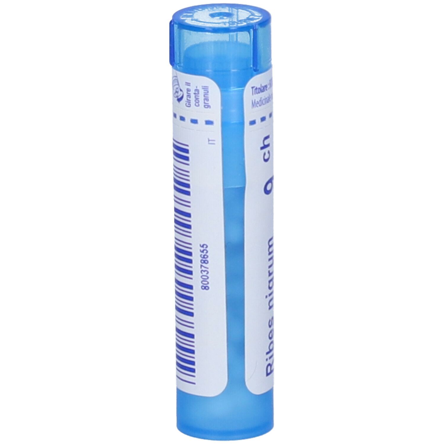 Tubo blu con scritta Ribes nigrum 9 ch, Boiron. Con codice a barre e numero di lotto.
