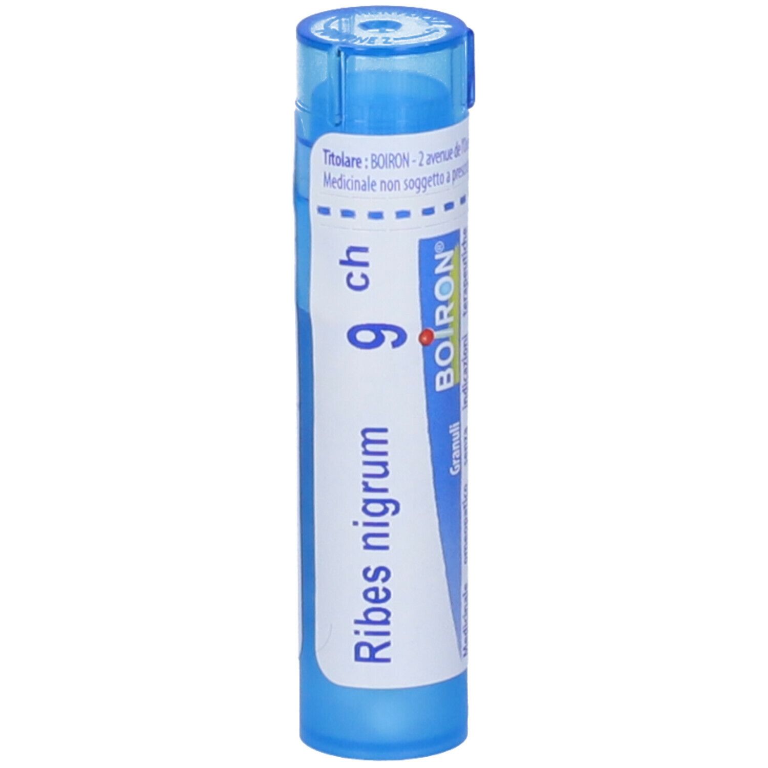 Tubo blu con scritta Ribes nigrum 9 ch, Boiron. Prodotto medico.