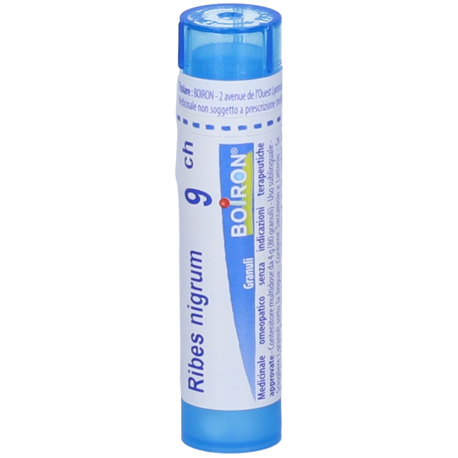 Tubo blu con scritta Ribes nigrum 9 ch, Boiron. Con informazioni sull'uso.