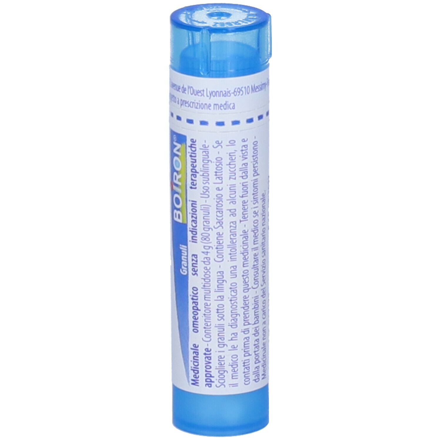 Tubo blu con scritta Ribes nigrum 9 ch, Boiron. Con informazioni sull'uso.