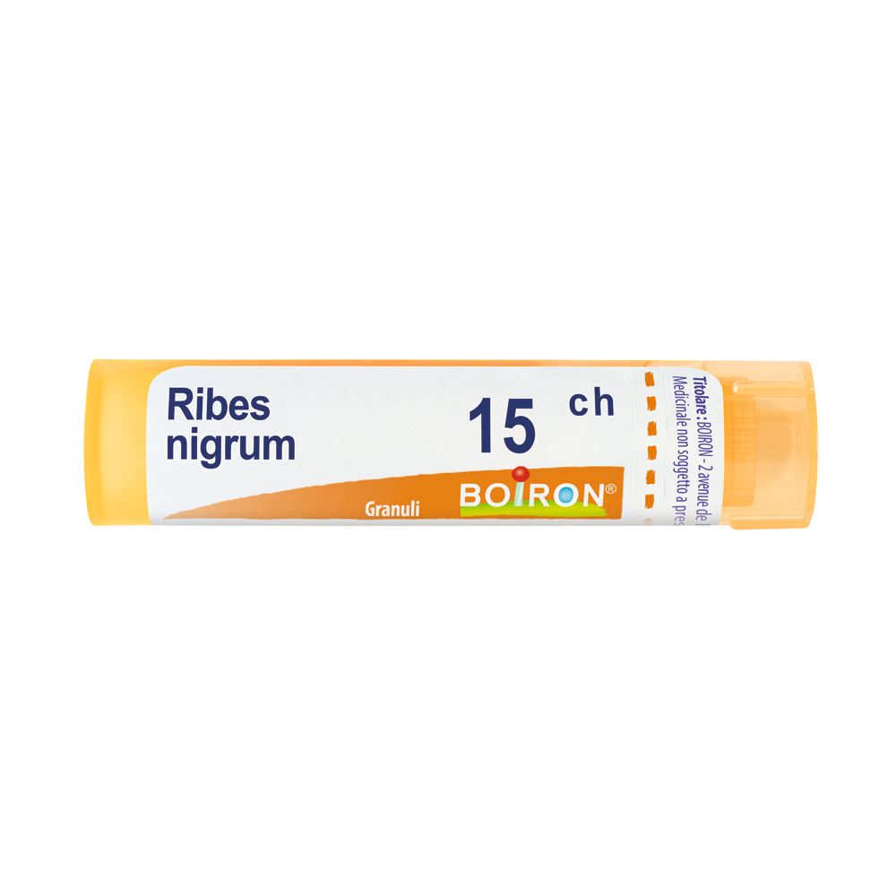 Tubo giallo con scritta Ribes nigrum 15 ch, Granuli e logo BOIRON. Su sfondo bianco.