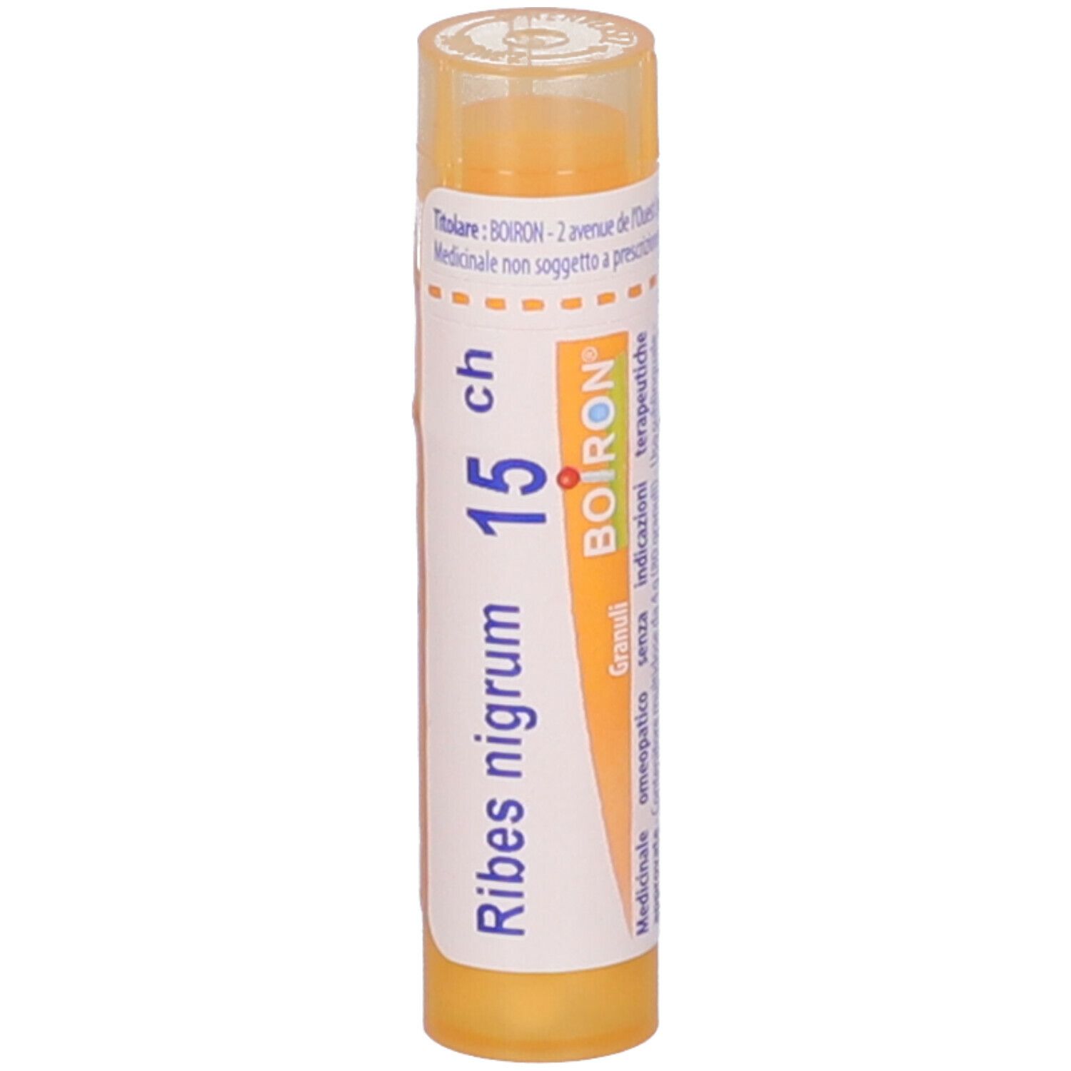 Tubo giallo con scritta Ribes nigrum 15 ch e logo BOIRON. Vista verticale.