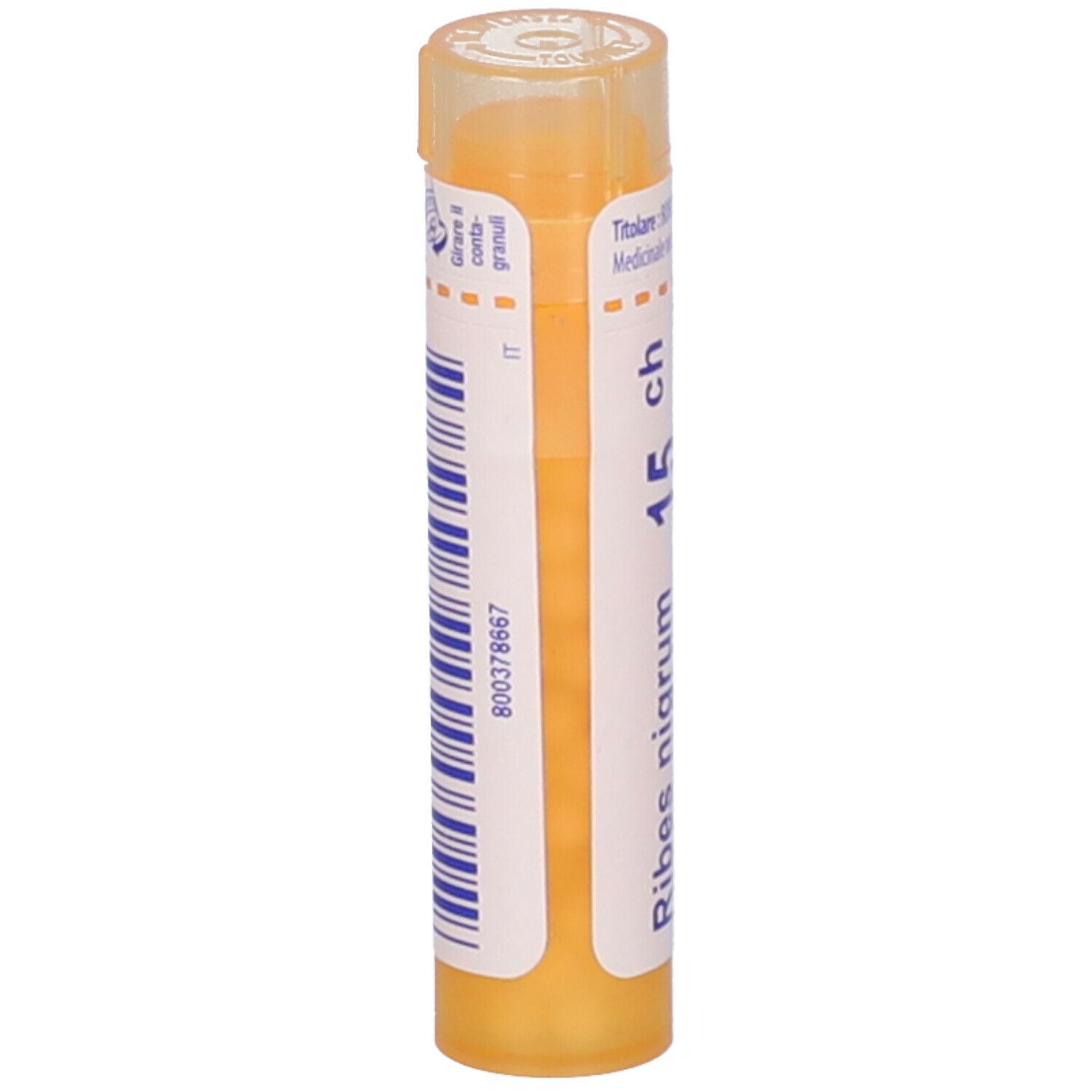 Tubo giallo con scritta Ribes nigrum 15 ch. Adesivo con informazioni sul prodotto.