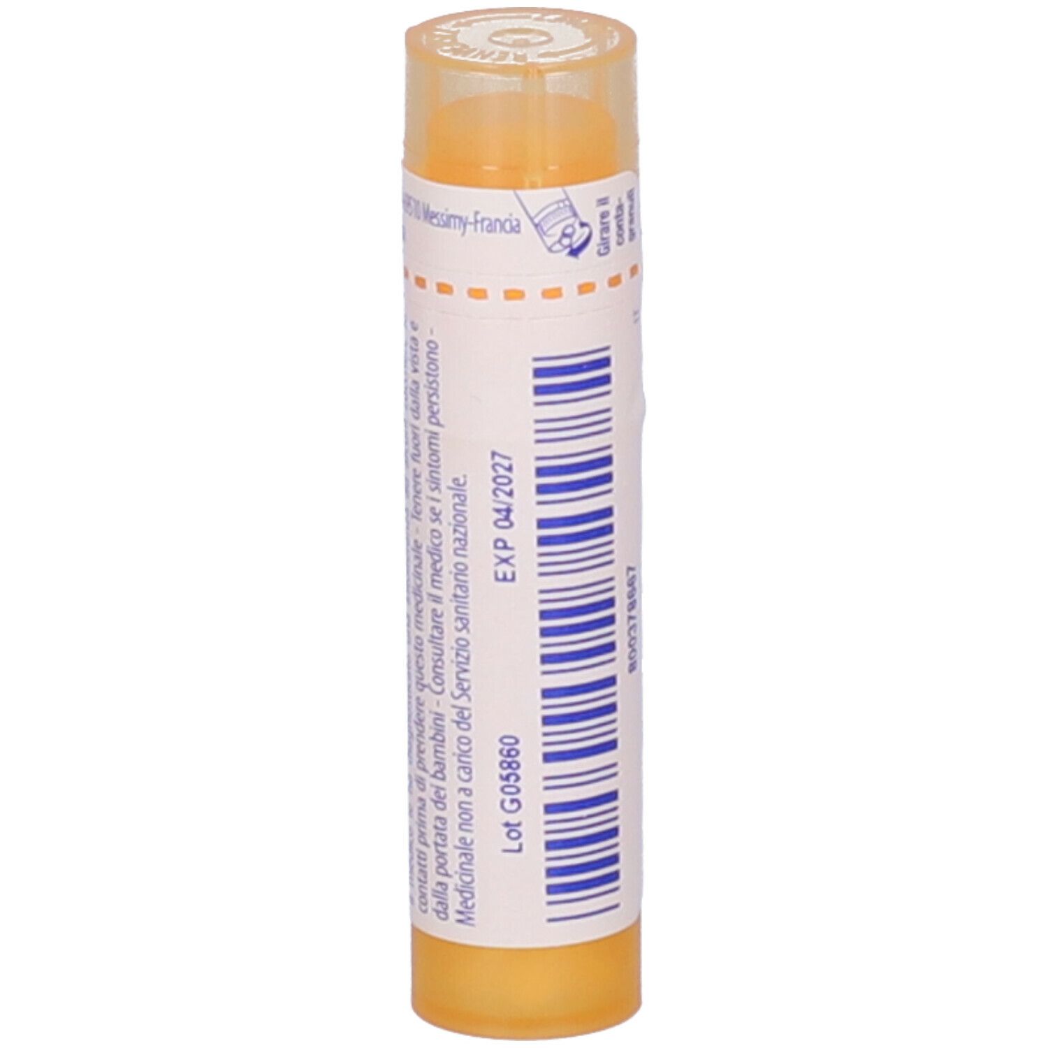 Tubo giallo con scritta Ribes nigrum 15 ch. Adesivo con data di scadenza.