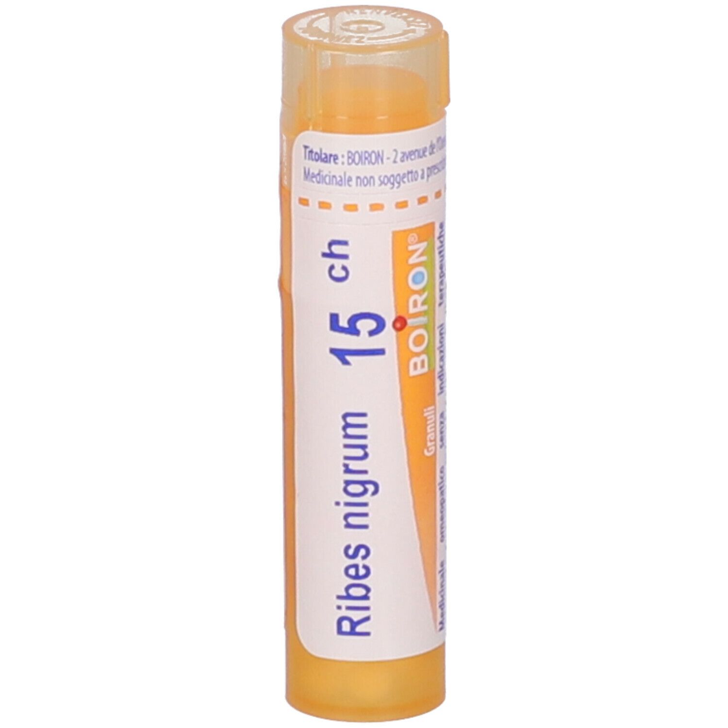 Tubo giallo con scritta Ribes nigrum 15 ch e logo BOIRON. Vista verticale.