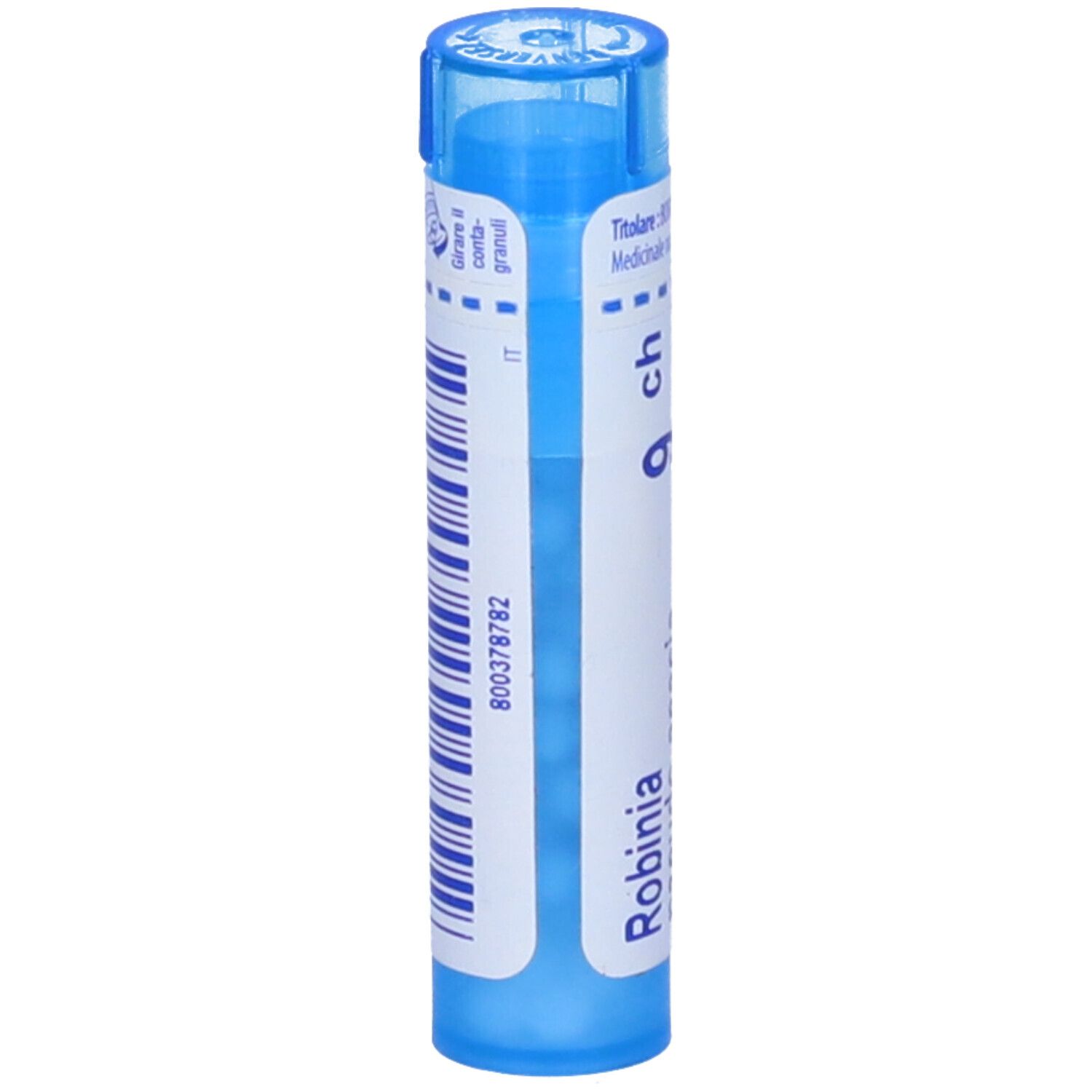 Tubo blu con scritta bianca, codice a barre e 'Robinia'.
