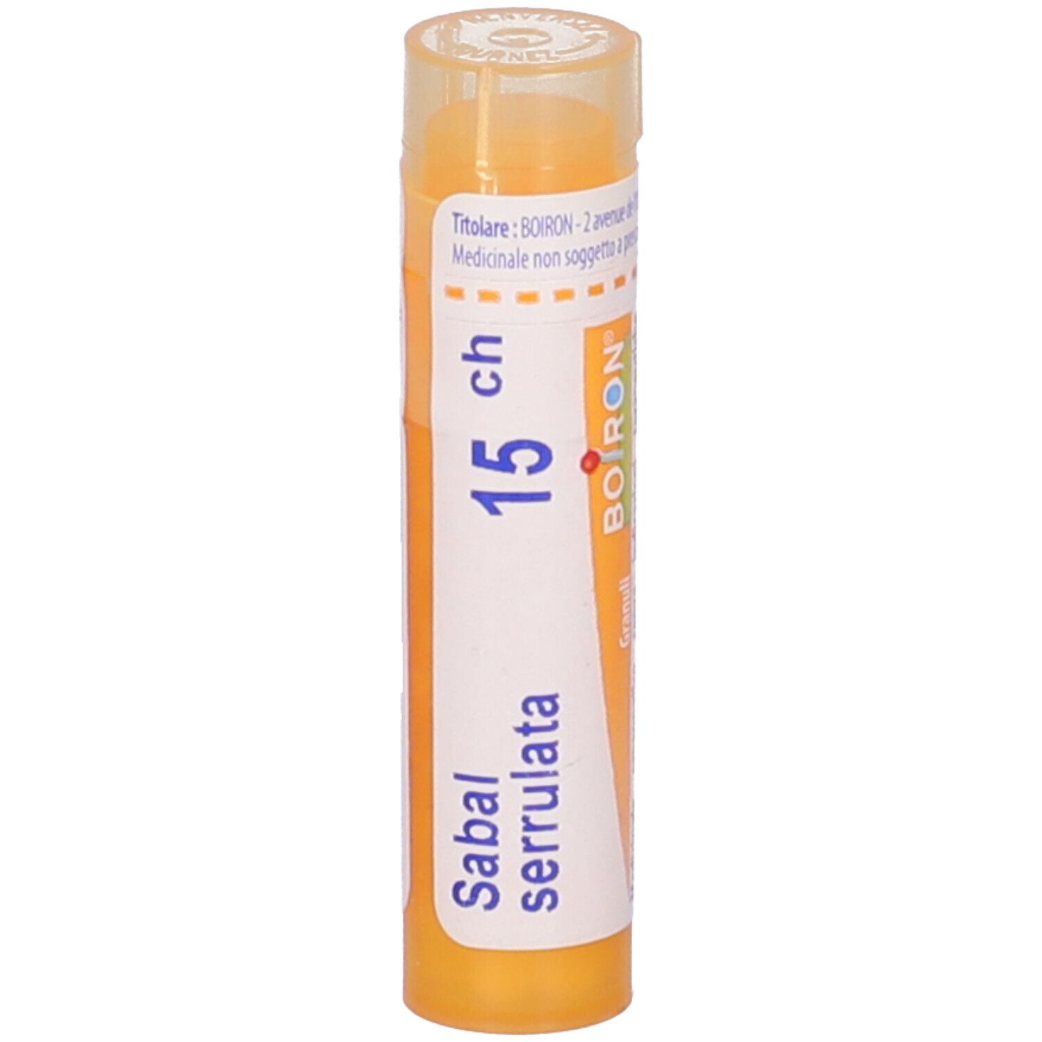 Confezione cilindrica. Scritta: Sabal serrulata, 15 ch, BOIRON.