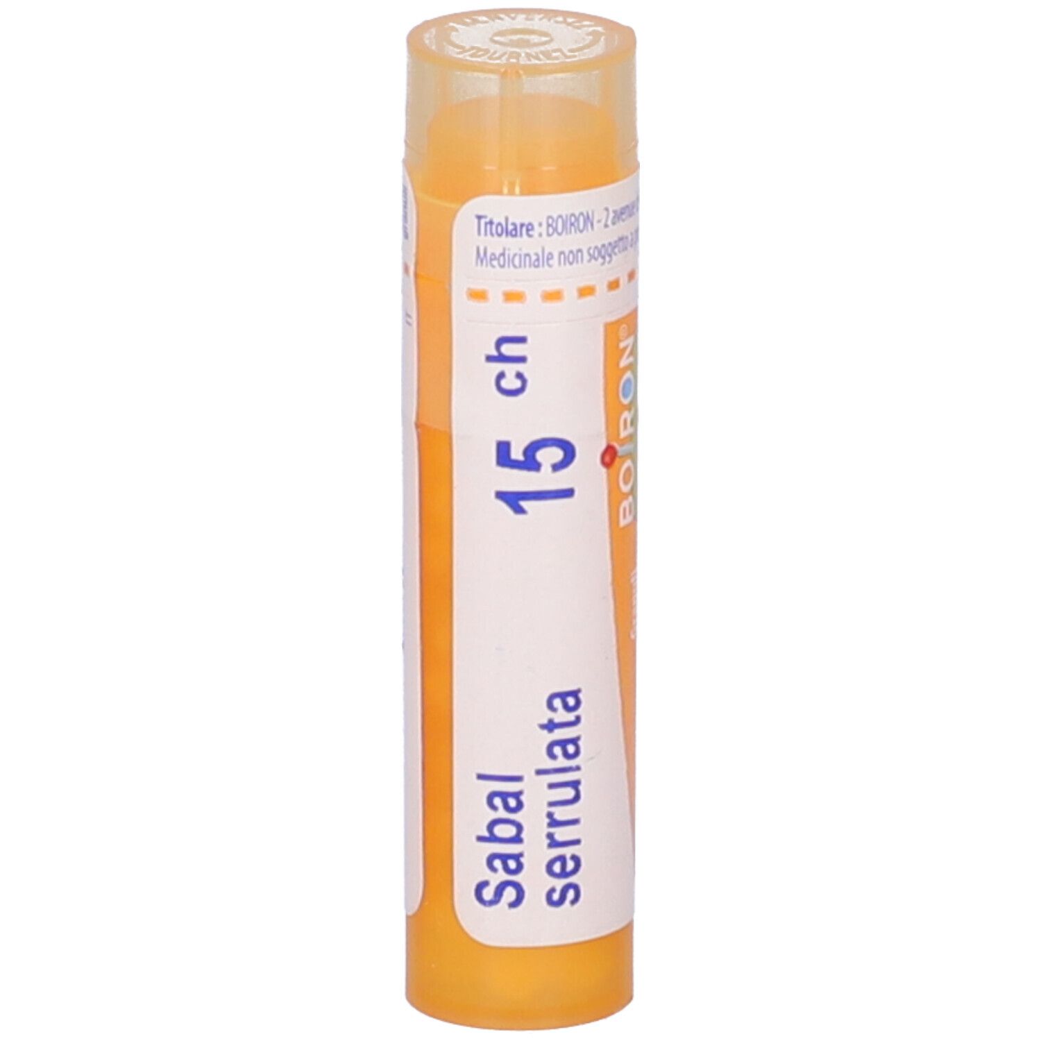 Confezione cilindrica. Scritta: Sabal serrulata, 15 ch, BOIRON.