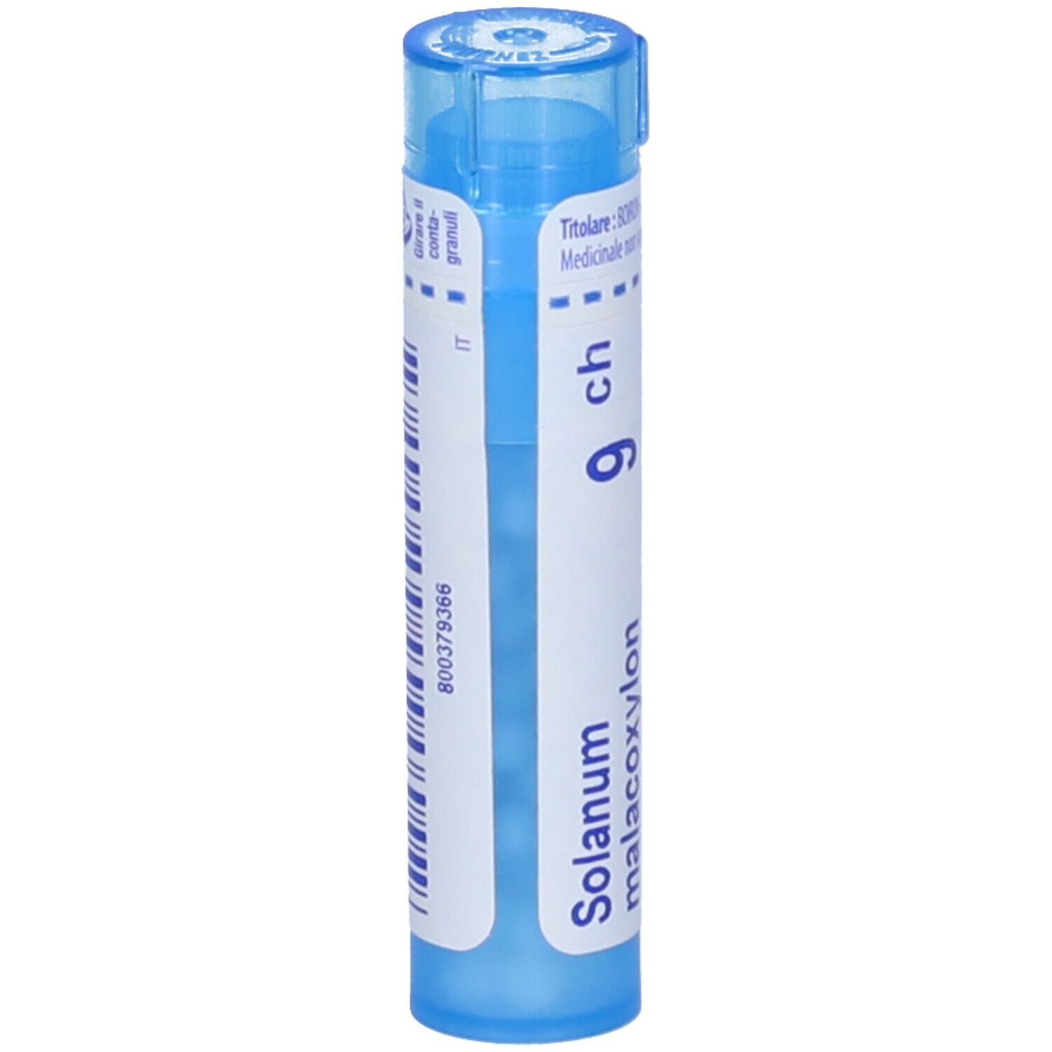 Tubo blu con testo bianco. "Solanum malacoxylon 9 ch". Retro con codice a barre e testo.