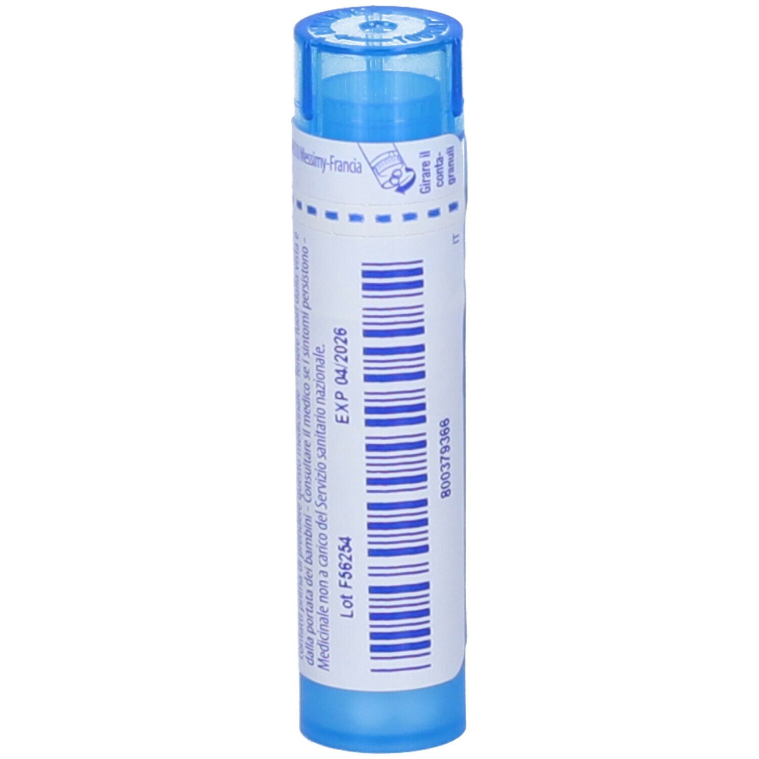 Tubo blu con testo bianco. "Solanum malacoxylon 9 ch". Retro con data di scadenza.
