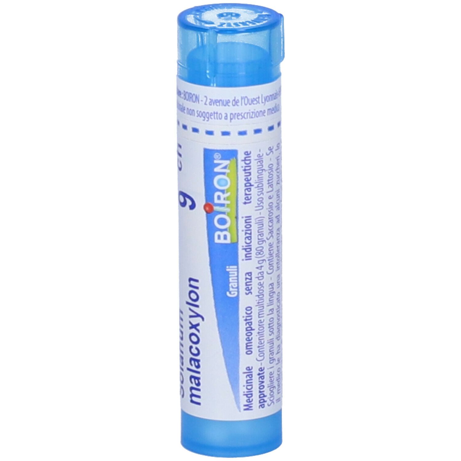 Tubo blu con testo bianco. "Solanum malacoxylon 9 ch" e logo "BOIRON". Granuli.
