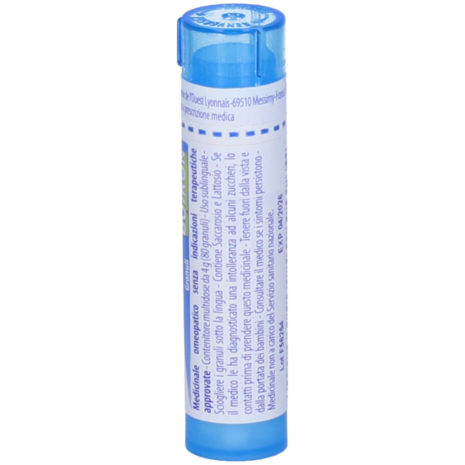 Tubo blu con testo bianco. "Solanum malacoxylon 9 ch". Retro con testo.