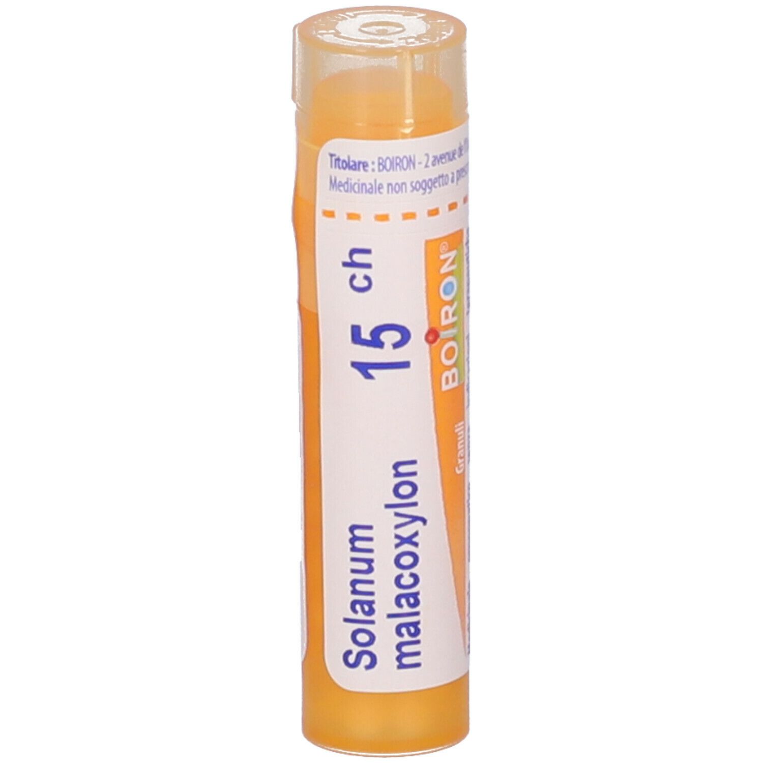 Confezione cilindrica gialla con testo bianco. Contiene Solanum malacoxylon, 15 ch e logo BOIRON. Granuli.