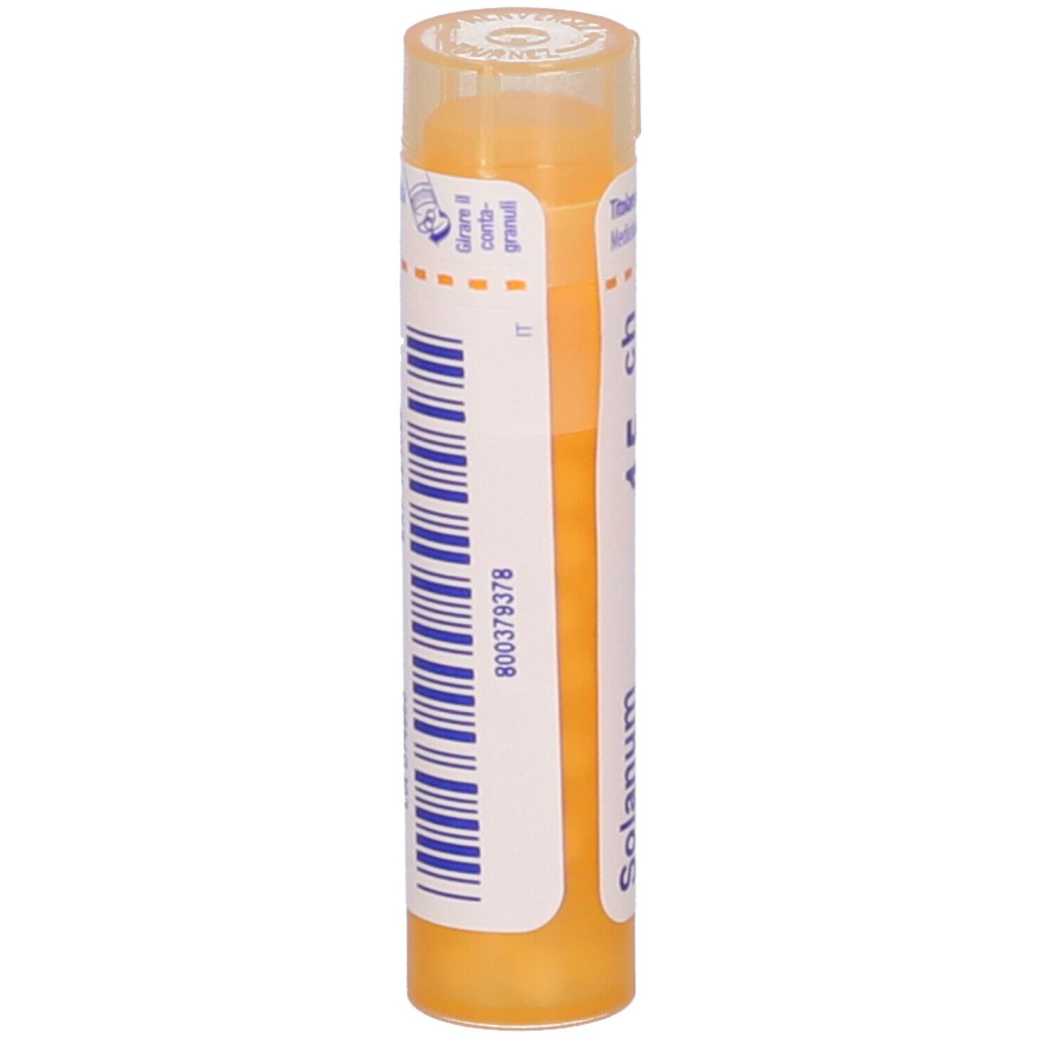 Confezione cilindrica gialla con testo bianco e codice a barre. Contiene Solanum. Stampato 800379378 e altre informazioni.