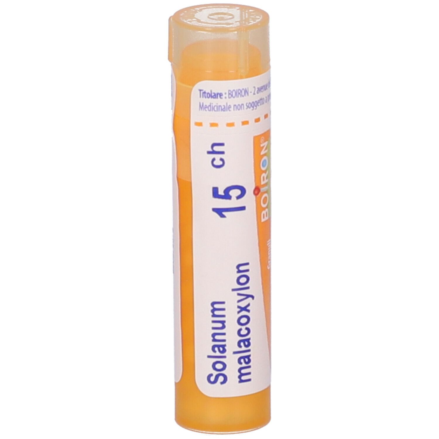 Confezione cilindrica gialla con testo bianco. Contiene Solanum malacoxylon, 15 ch e logo BOIRON. Granuli.