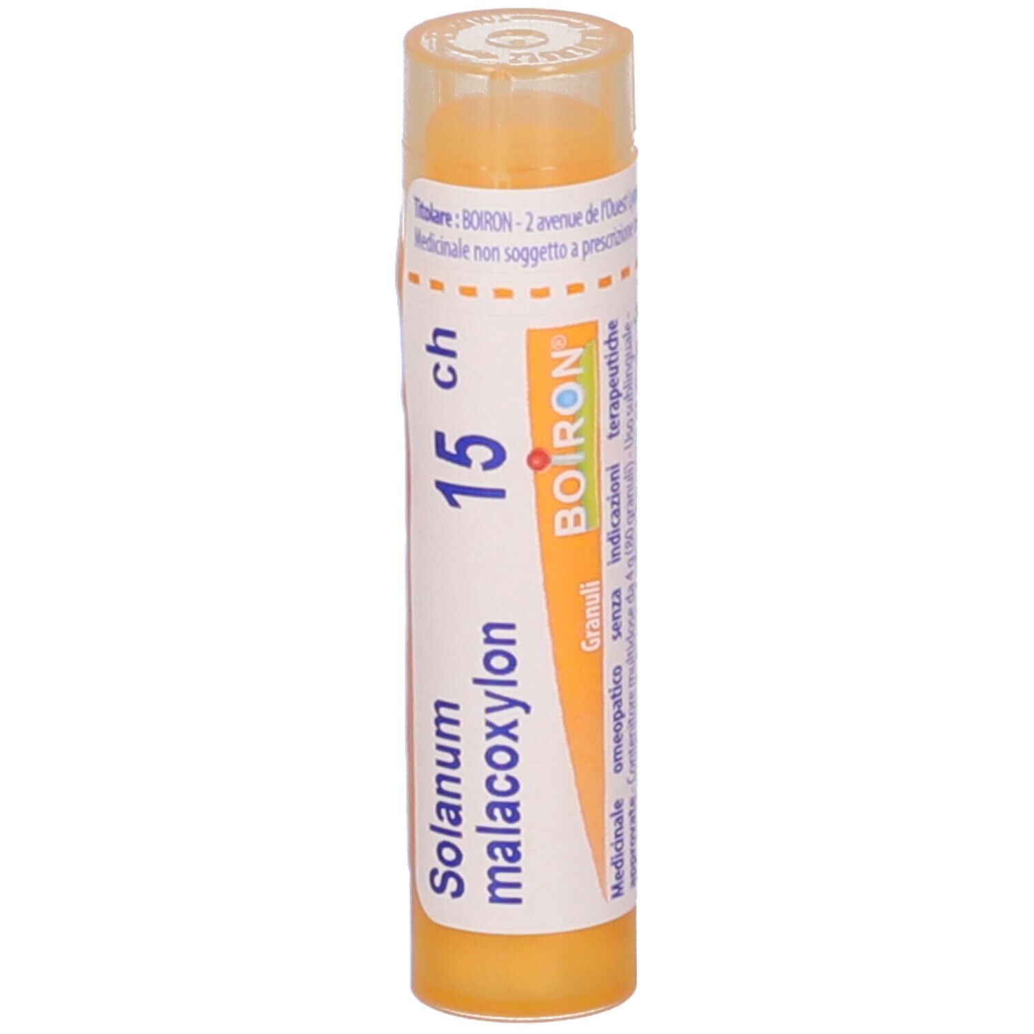Confezione cilindrica gialla con testo bianco. Contiene Solanum malacoxylon, 15 ch e logo BOIRON. Granuli.