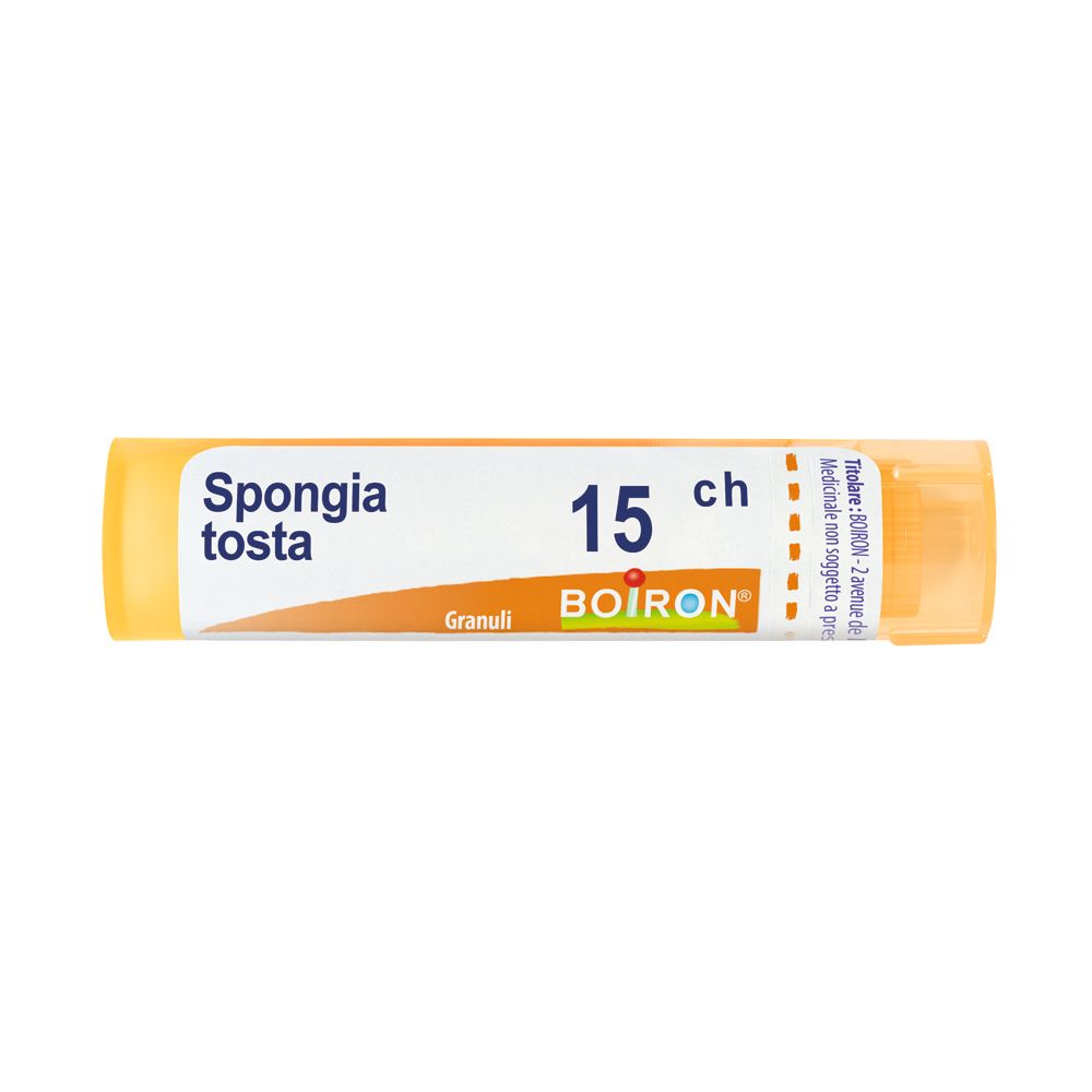 Tubo giallo con etichetta bianca. Scritta: Spongia tosta 15 ch, BOIRON, Granuli.