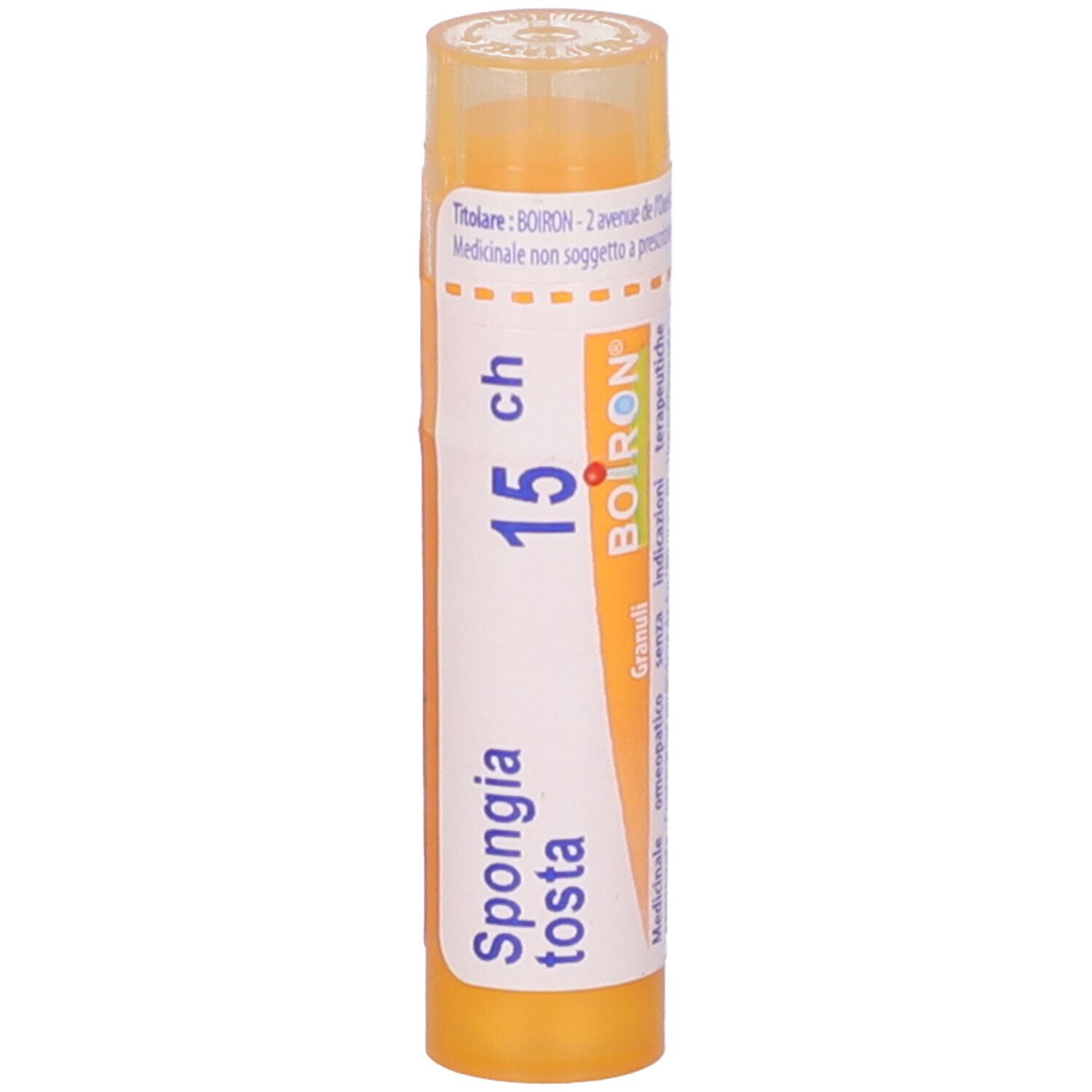 Tubo giallo verticale. Scritta: Spongia tosta 15 ch, BOIRON, Granuli. Coperchio trasparente.