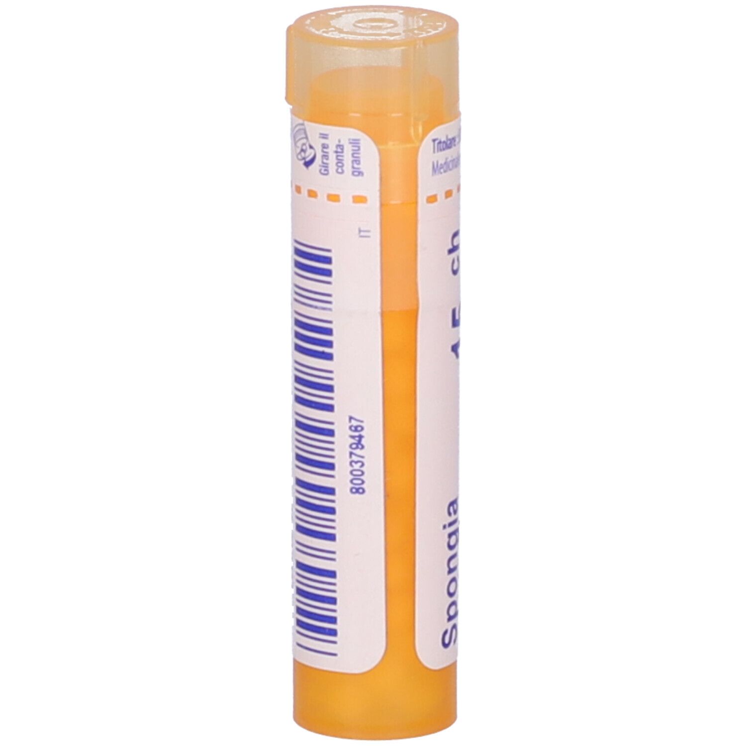 Tubo giallo verticale. Scritta: Spongia tosta 15 ch, BOIRON, Granuli. Con codice a barre.