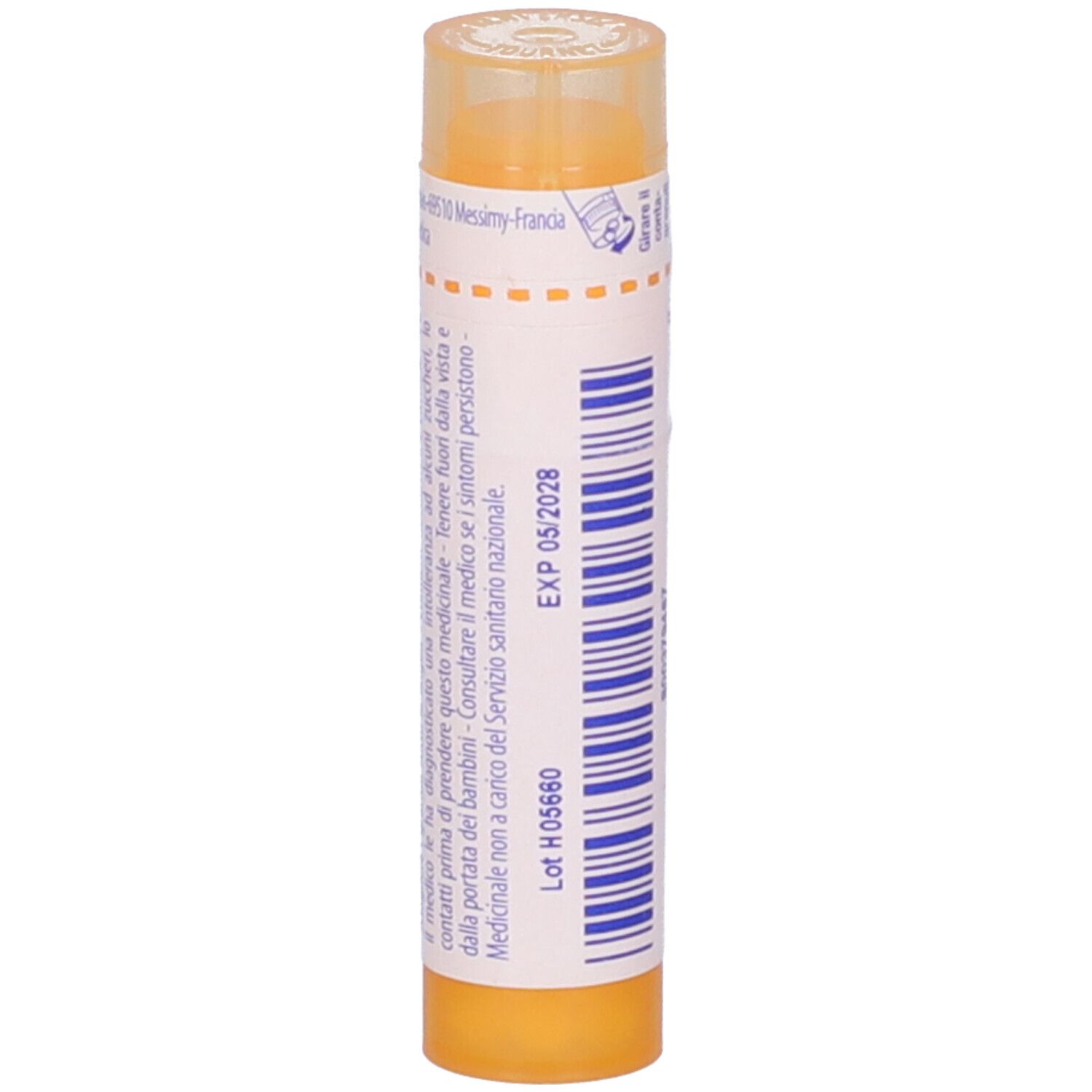 Tubo giallo verticale. Scritta: Spongia tosta 15 ch, BOIRON, Granuli. Con data di scadenza.